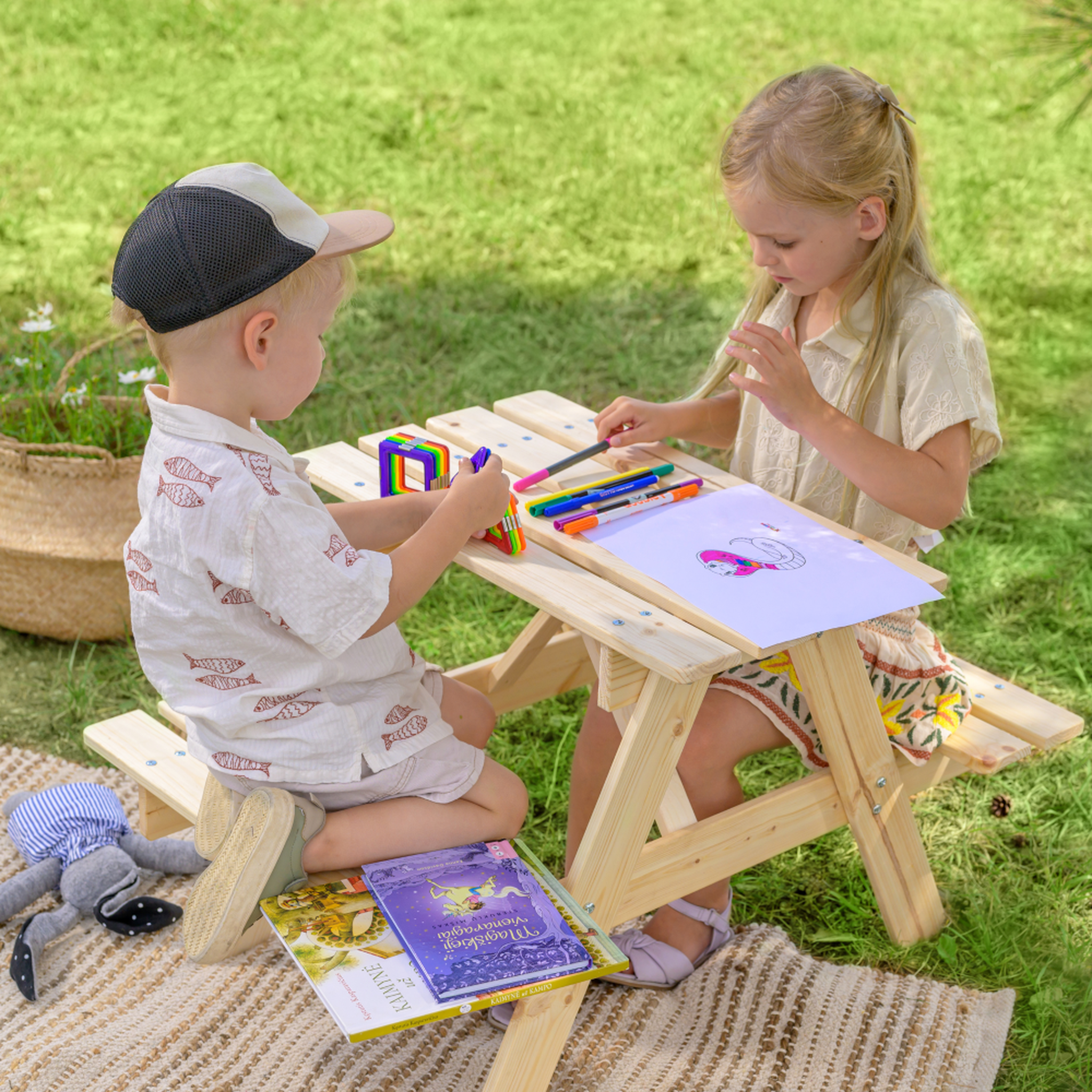 Voir la diapositive 6 : TIMBELA Table enfant en bois – table et chaise enfant - salon de jardin enfant 81x60xh50 cm m012-1