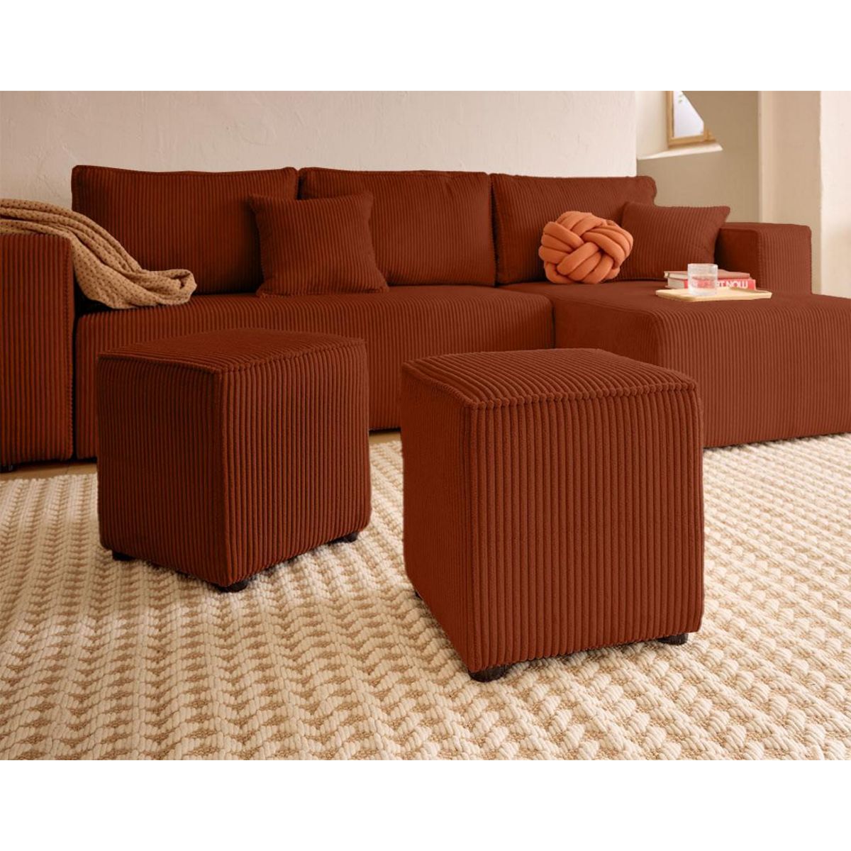 BEST MOBILIER Topaze - canapé d'angle réversible 4 places - convertible avec coffre, tablette et poufs - en velours côtelé