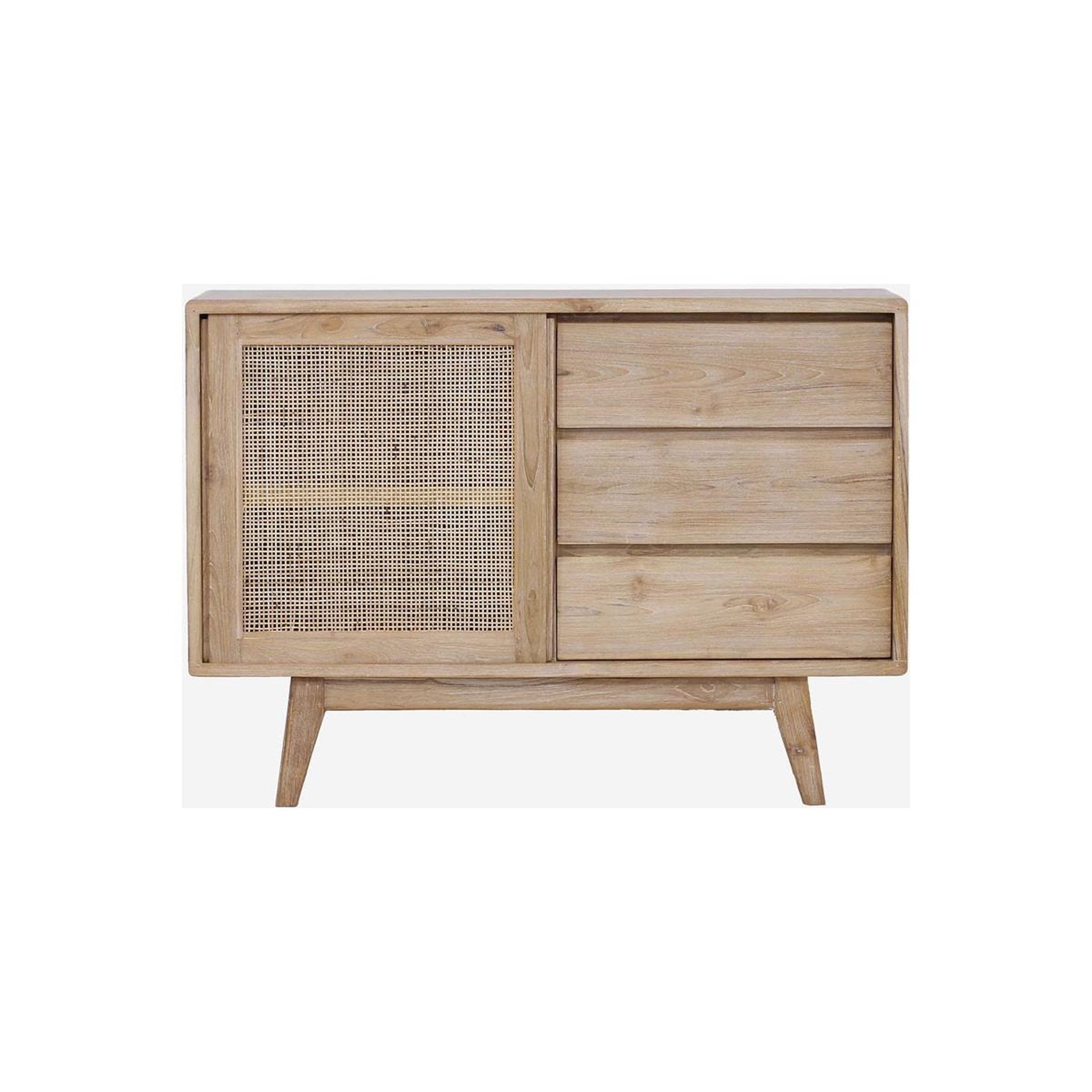 Voir la diapositive 4 : Paris Prix Buffet 1 porte & 3 tiroirs en teck  archi  120cm naturel