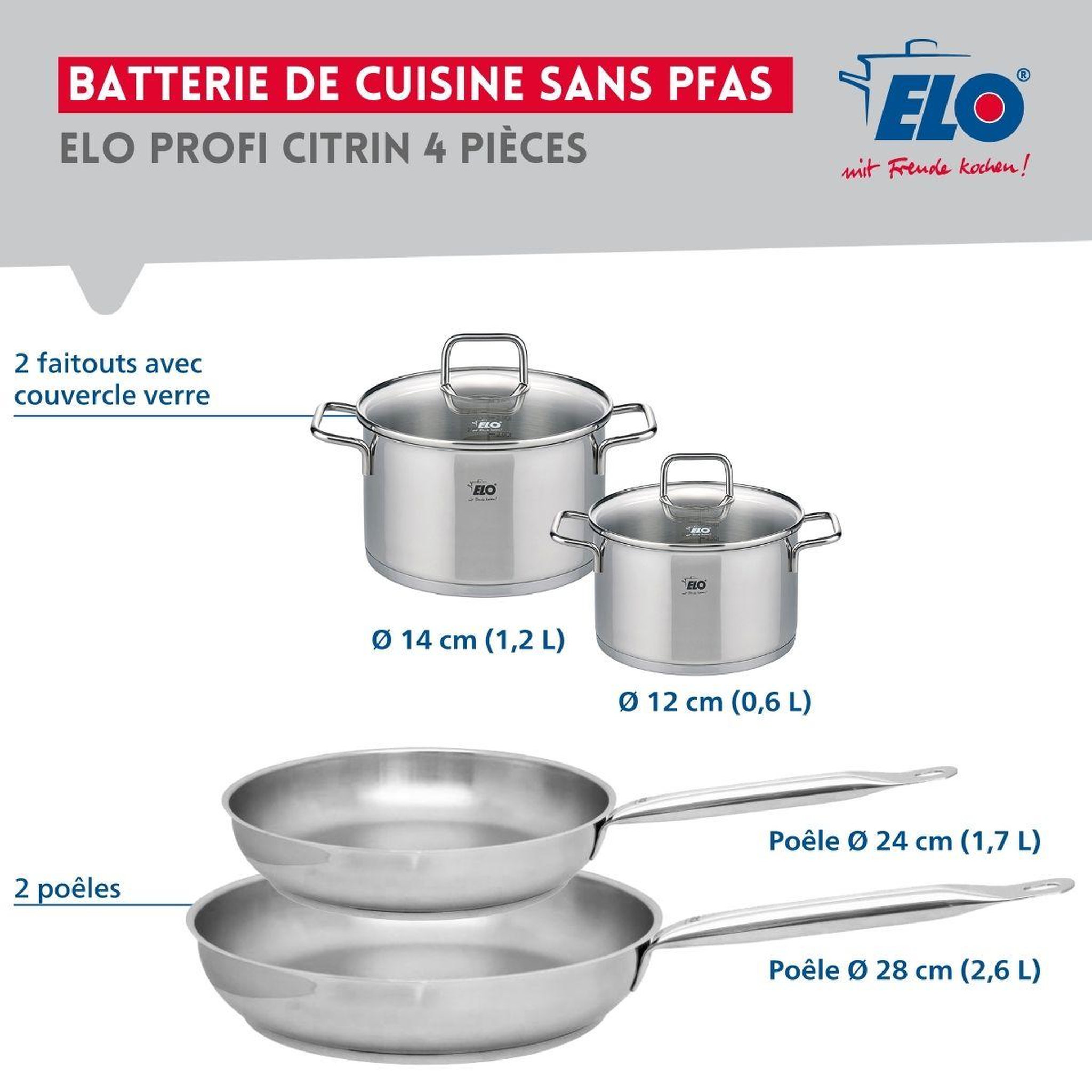 Voir la diapositive 2 : ELO Set de 2 poêles de cuisson 24 et 28 cm et 2 faitouts 12 et 14 cm elo profi citrin