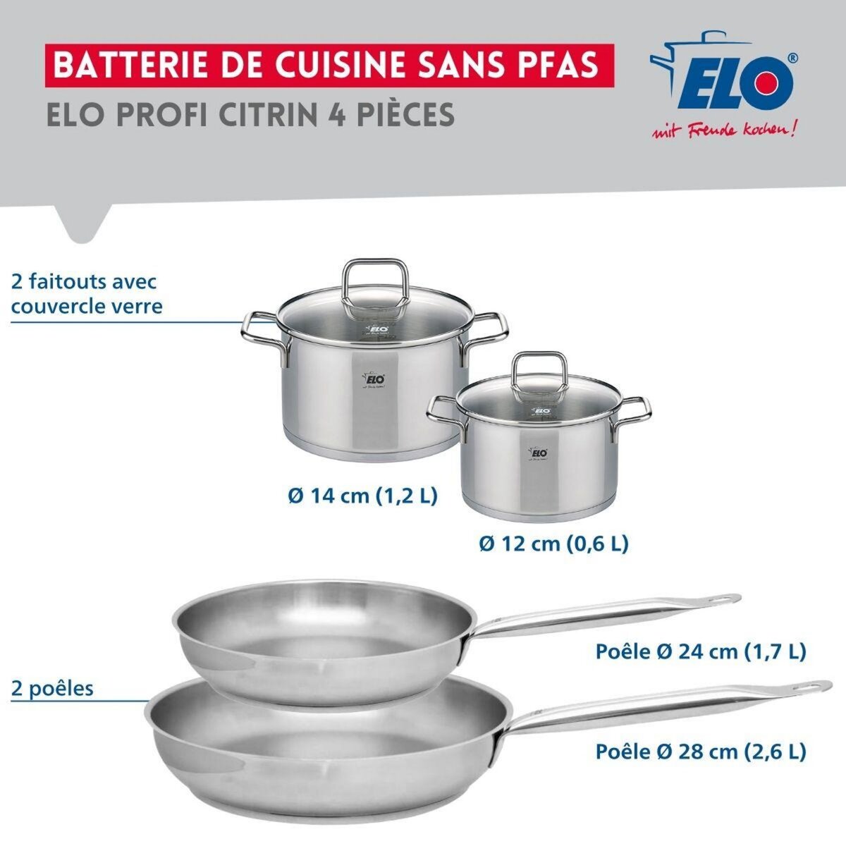 ELO Set de 2 Poêles de cuisson 24 et 28 cm et 2 faitouts 12 et 14 cm Elo Profi Citrin