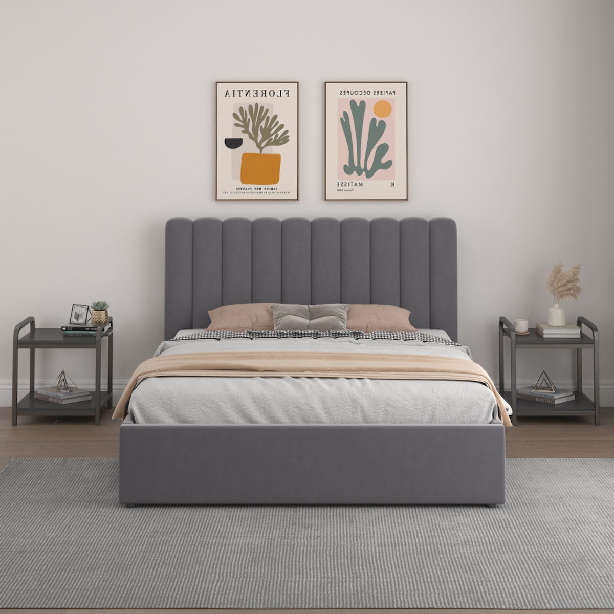 CONCEPT USINE Lit avec coffre de rangement 140x190cm velours gris foncé SAVANNAH
