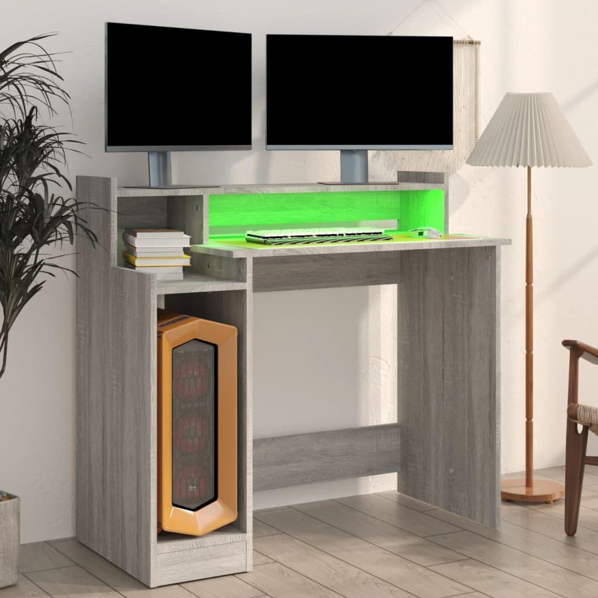 Voir la diapositive 5 : VIDAXL Bureau et lumieres LED Sonoma gris 97x45x90cm Bois d'ingenierie