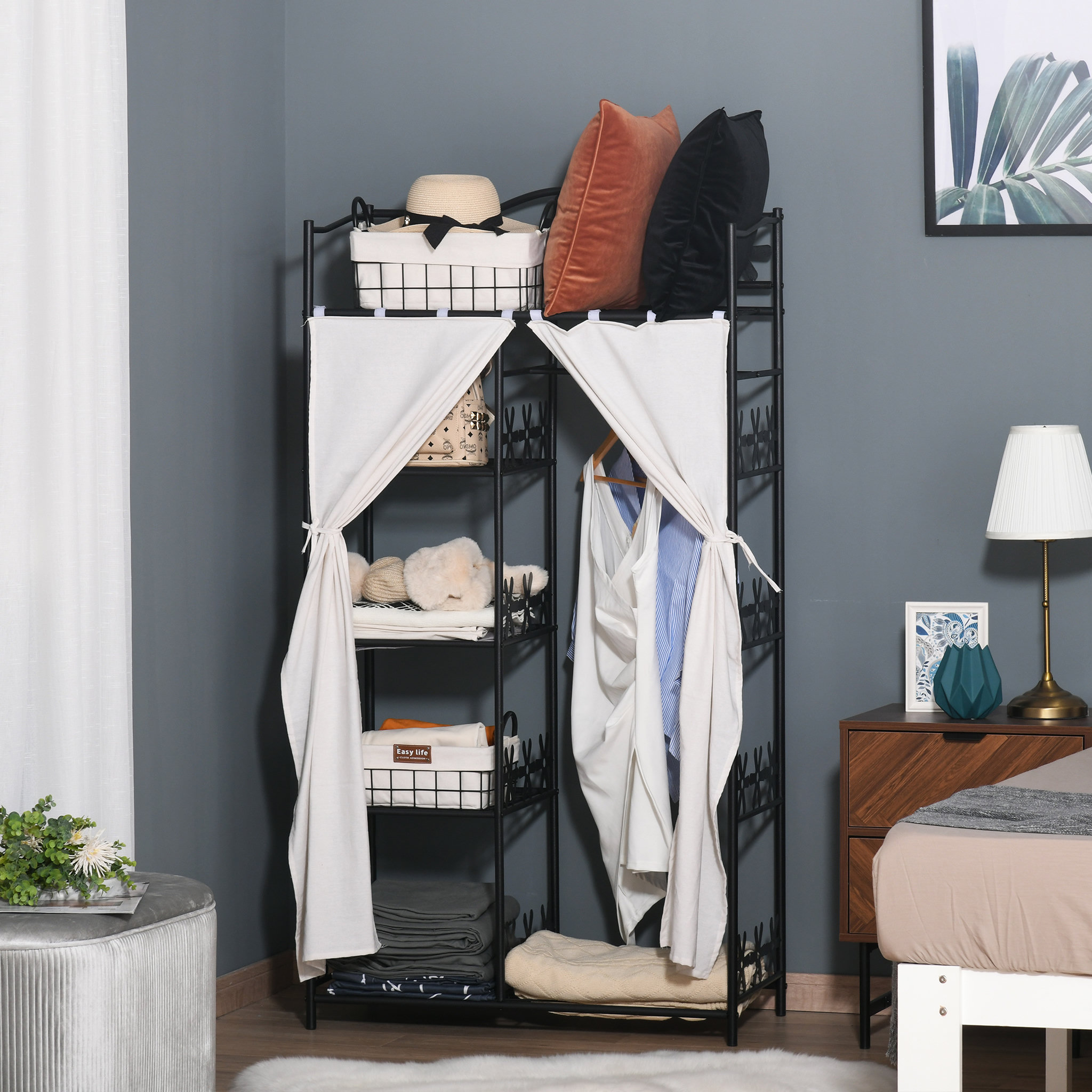 Voir la diapositive 2 : HOMCOM Armoire penderie multi-rangement - 5 étagères - dim. 84L x 42l x 158,5H cm - métal noir motif fleurs 2 rideaux blanc