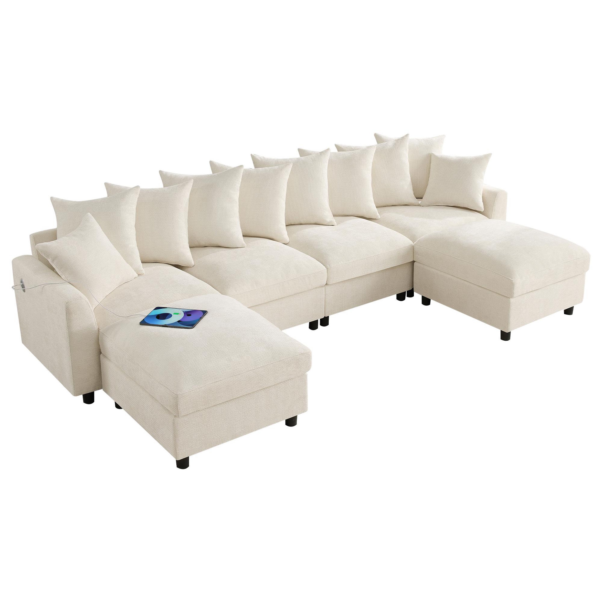 Voir la diapositive 1 : MERAX Canapé d'angle modulable 6 places u/l avec 2 poufs usb type-c tissu chenille