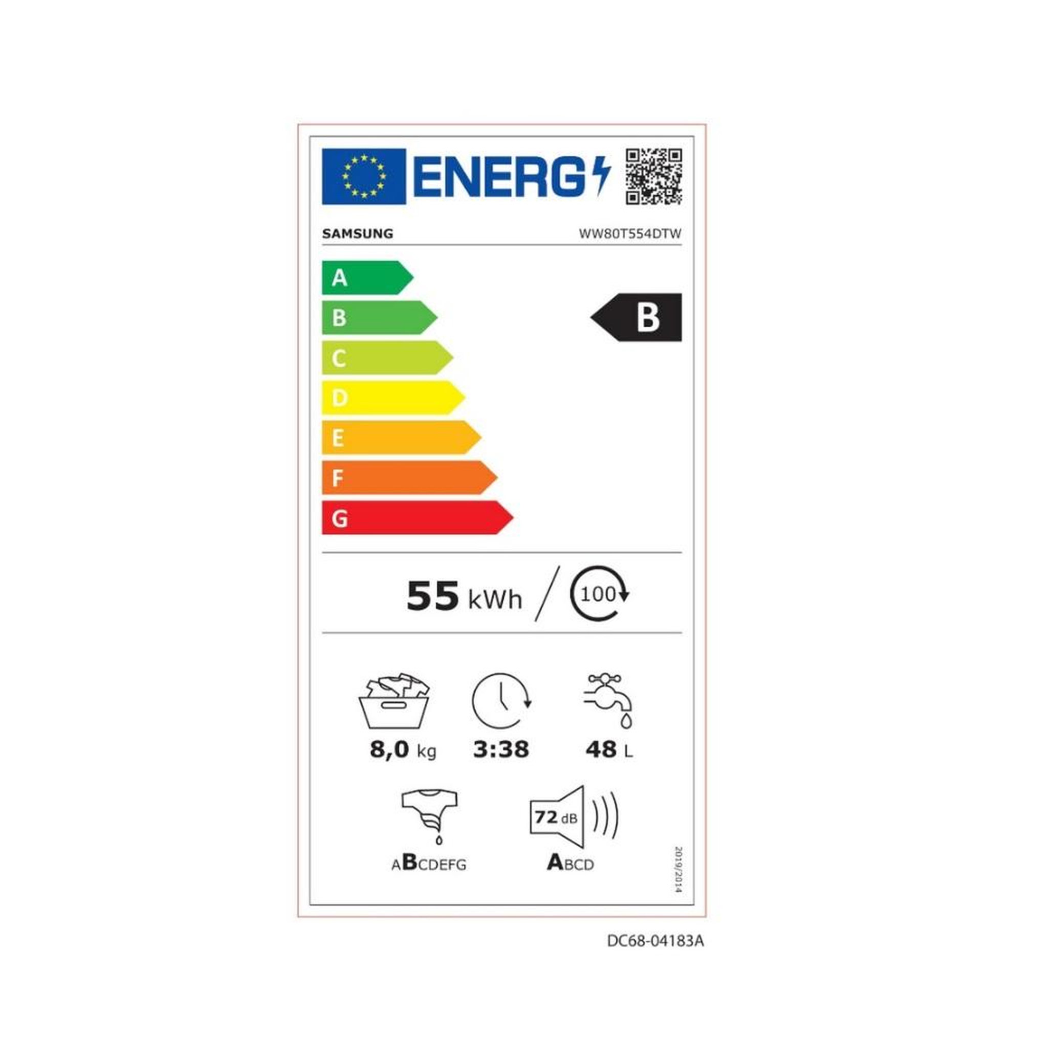 Voir la diapositive 2 : Samsung Lave-linge frontal 8 kg 1400 tours/min - ww80t554dtw