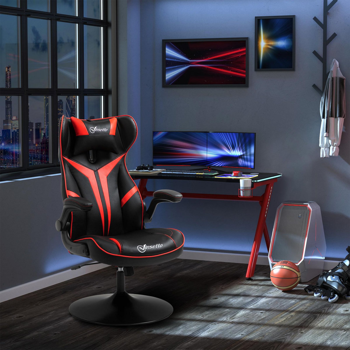 VINSETTO Fauteuil gaming base ronde métal pivotante 360° hauteur réglable tétière accoudoirs relevables PVC rouge noir