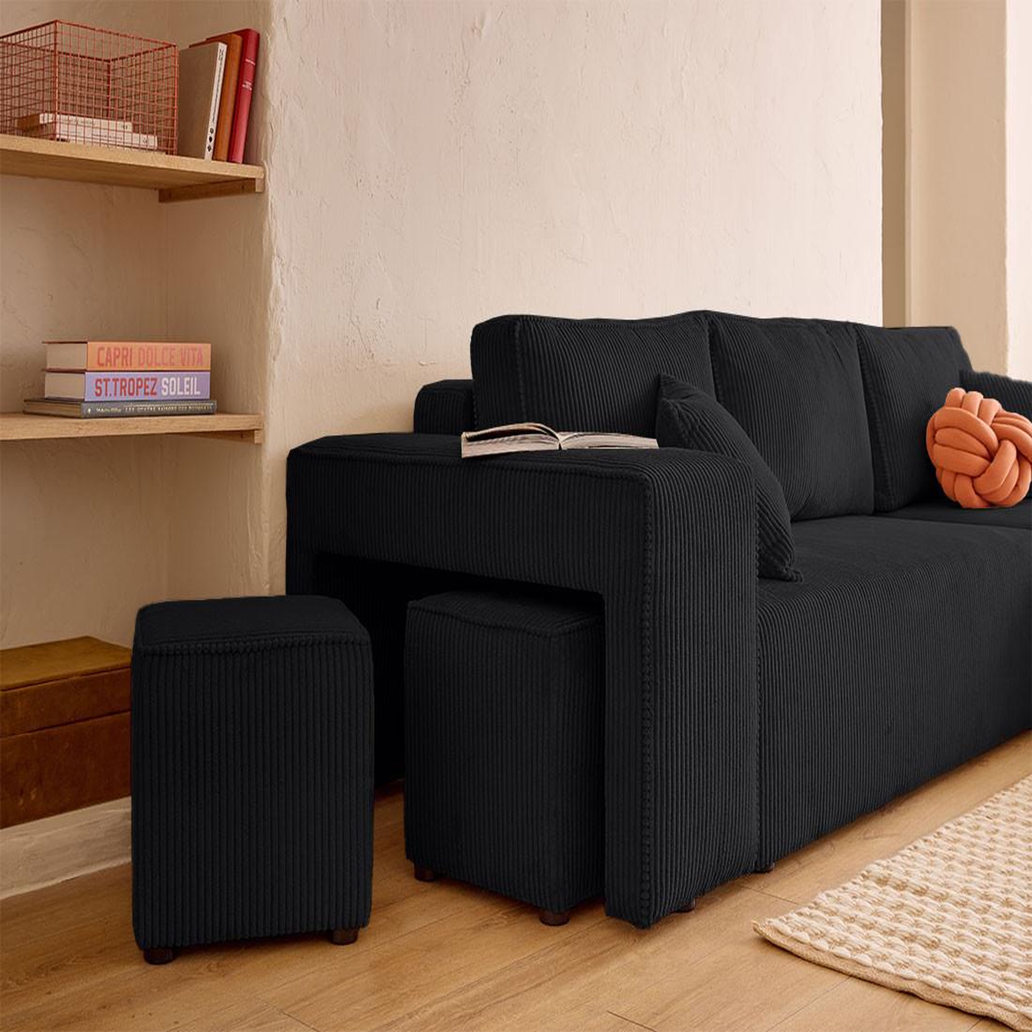 Voir la diapositive 5 : BEST MOBILIER Topaze - canapé d'angle réversible 4 places - convertible avec coffre, tablette et poufs - en velours côtelé