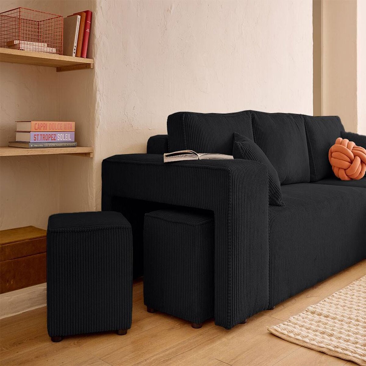 BEST MOBILIER Topaze - canapé d'angle réversible 4 places - convertible avec coffre, tablette et poufs - en velours côtelé