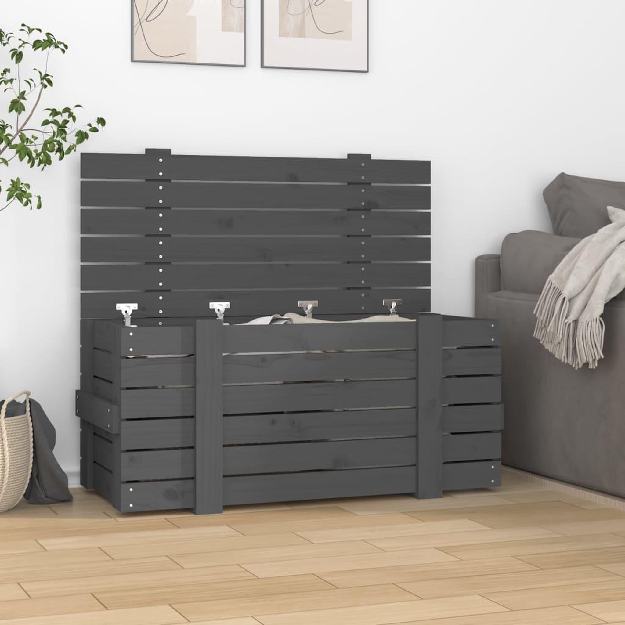 Voir la diapositive 1 : VIDAXL Boîte de rangement Gris 91x40,5x42 cm Bois massif de pin