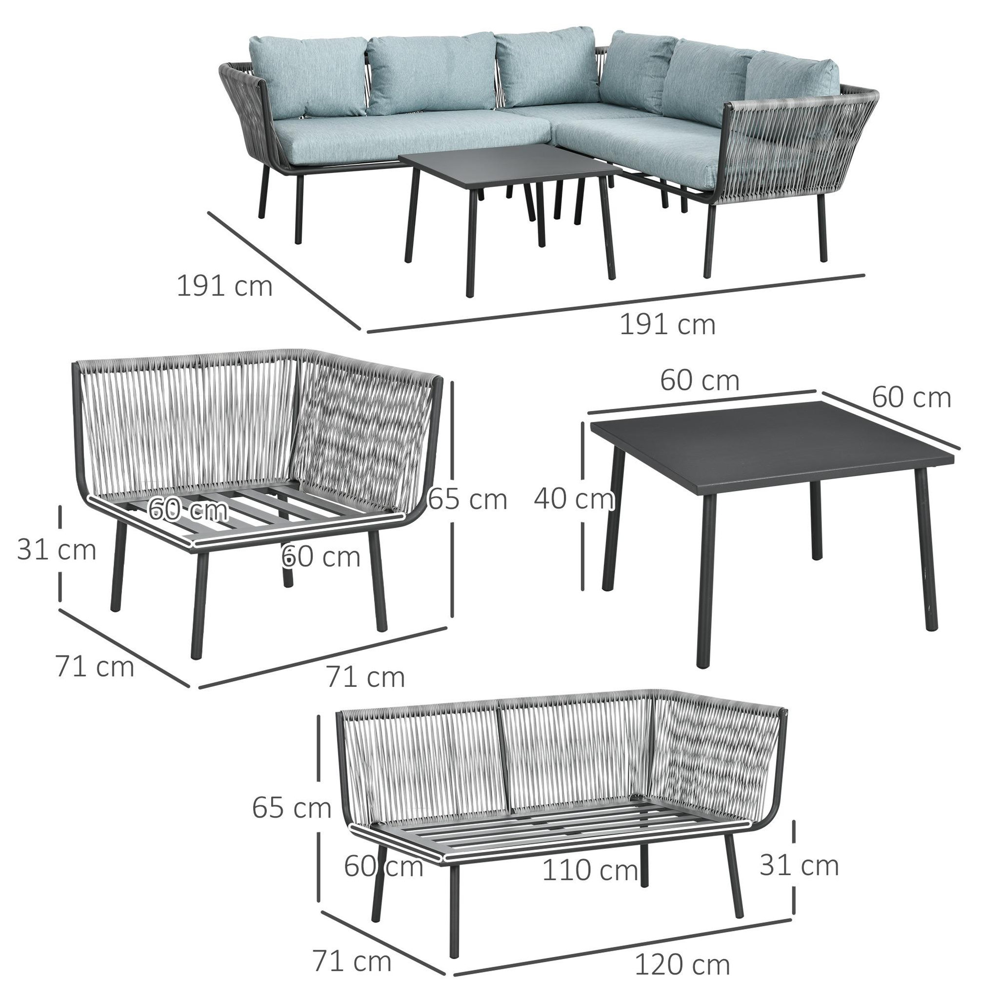 Voir la diapositive 3 : OUTSUNNY Salon de jardin d'angle 5 places 4 pièces coussins inclus alu. Résine tressée gris