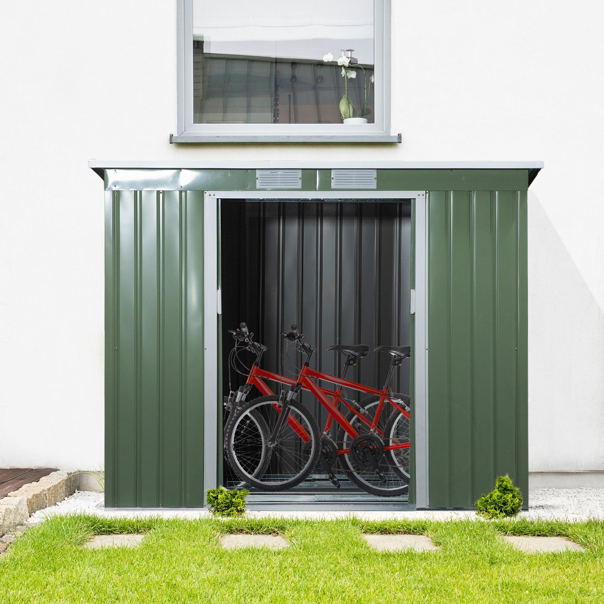 Voir la diapositive 2 : OUTSUNNY Abri de jardin - remise pour outils - fondation incluse - cabanon 2 portes coulissantes verrouillables - dim. 213L x 130l x 173H cm - tôle d'acier vert
