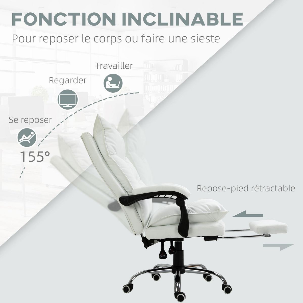 VINSETTO Fauteuil de bureau direction hauteur réglable dossier inclinable repose-pied intégré revêtement synthétique blanc