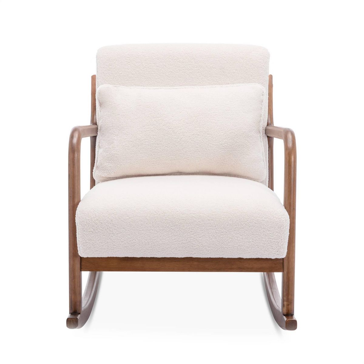 SWEEEK Fauteuil à bascule design en bois et tissu. bouclettes blanches. structure hévéa teinté noyer foncé