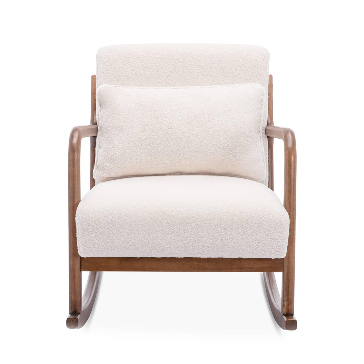 SWEEEK Fauteuil à bascule design en bois et tissu. bouclettes blanches. structure hévéa teinté noyer foncé