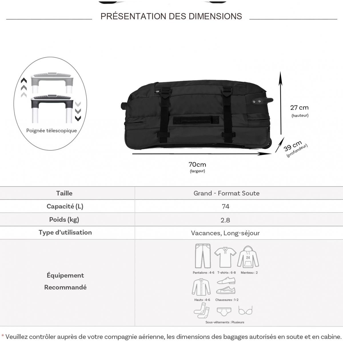 David Jones Sac de voyage à roulettes 74L double compartiment 70cm