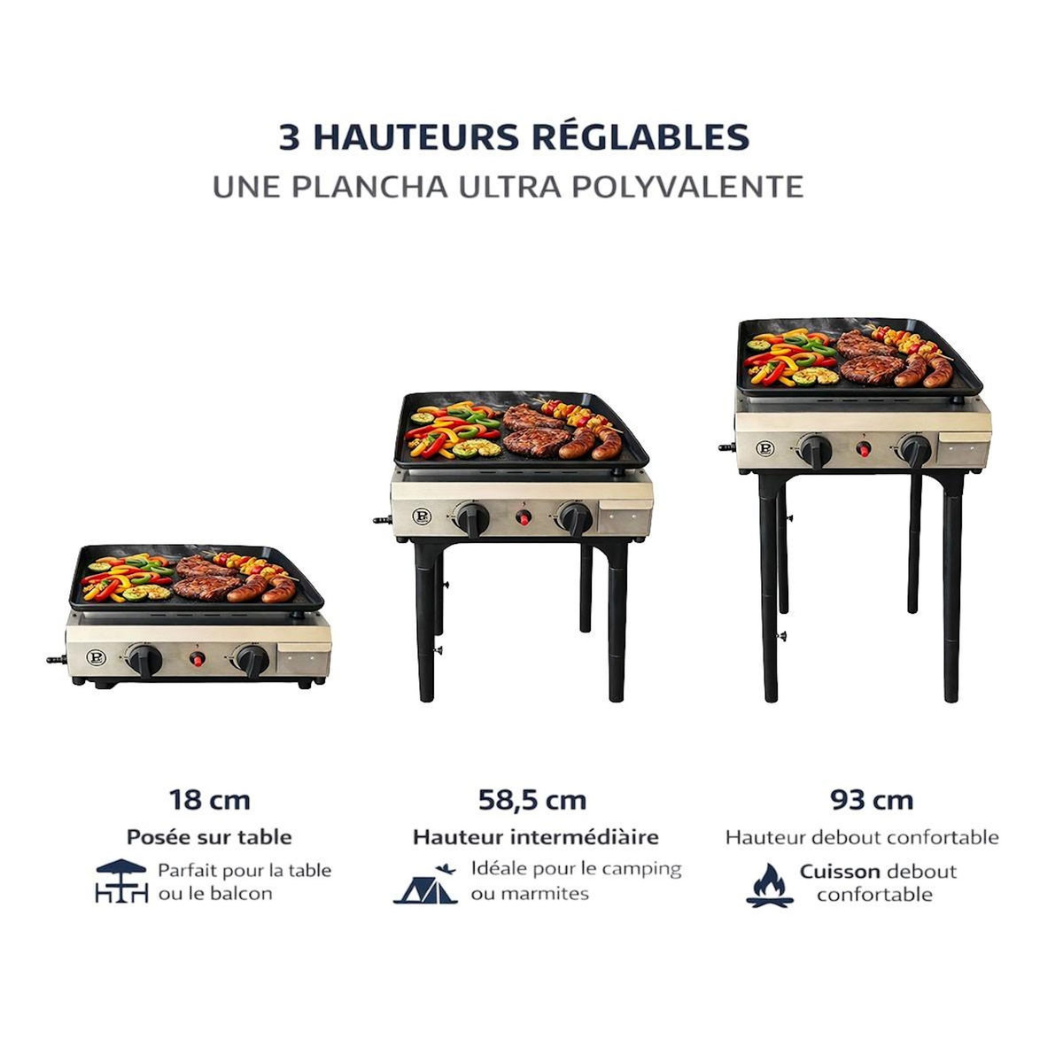 INTEC Plancha à gaz 4800W modulable 3 Hauteurs 2 Bruleurs Allumage Piezo - Plaque de cuisson Céramique 42x36cm INTEC