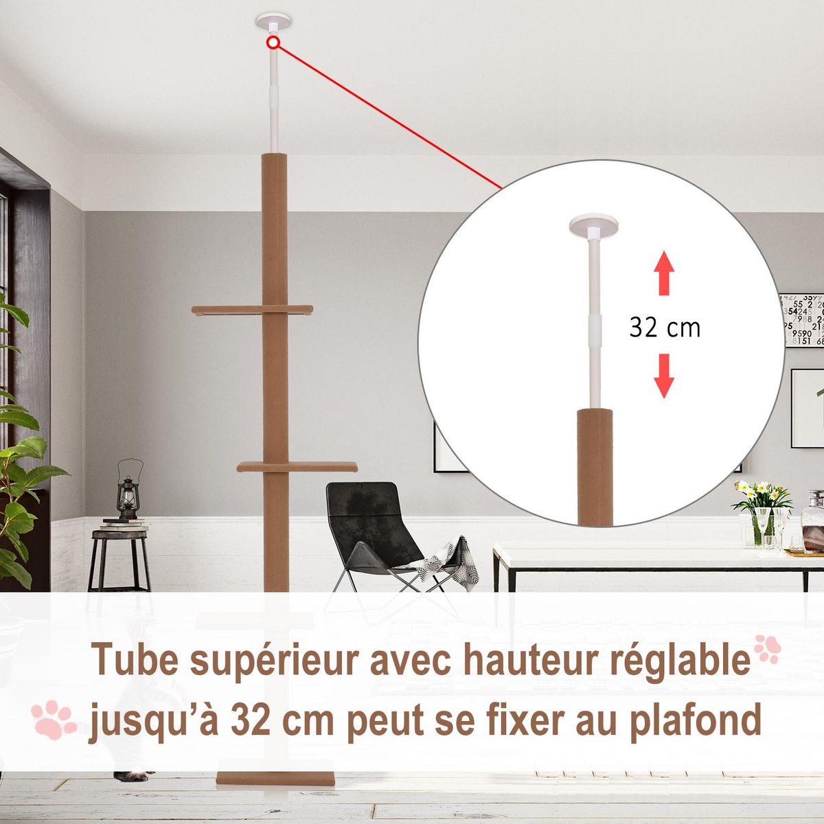 PAWHUT Arbre à chat poteau à griffer hauteur réglable dim. 43L x 27I x 228-260H cm 4 niveaux d'activités marron