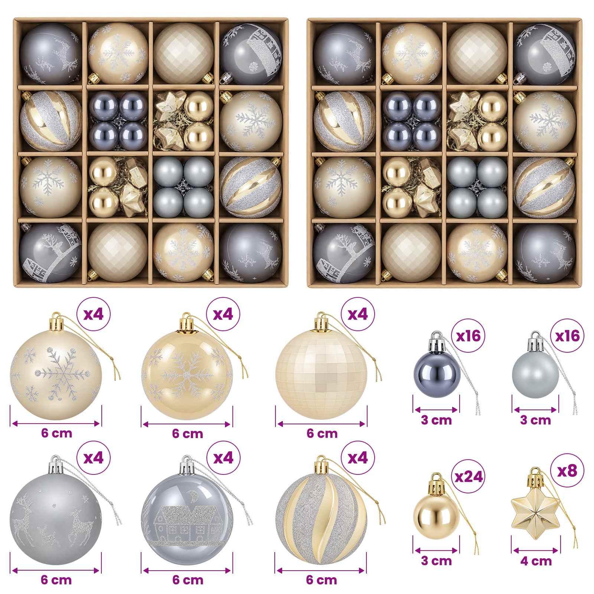 Voir la diapositive 3 : VIDAXL Ensemble de boules de Noël 88 pc Dore et gris Diam. 6 cm