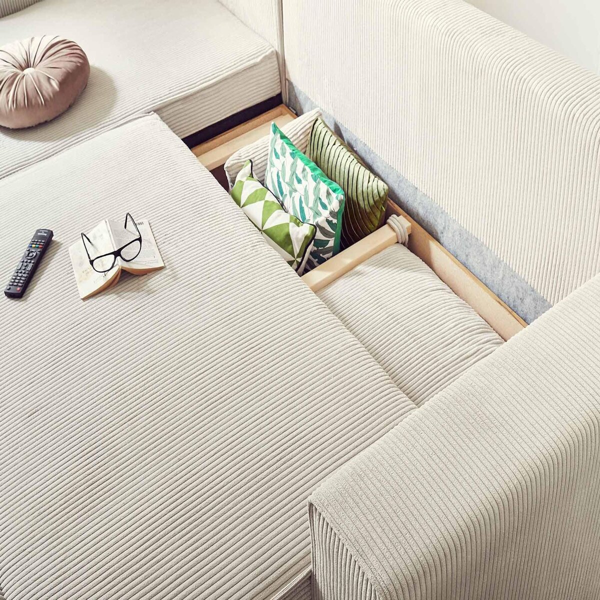 BEST MOBILIER Dellia - canapé d'angle réversible convertible - avec coffre - en velours côtelé - 4 places