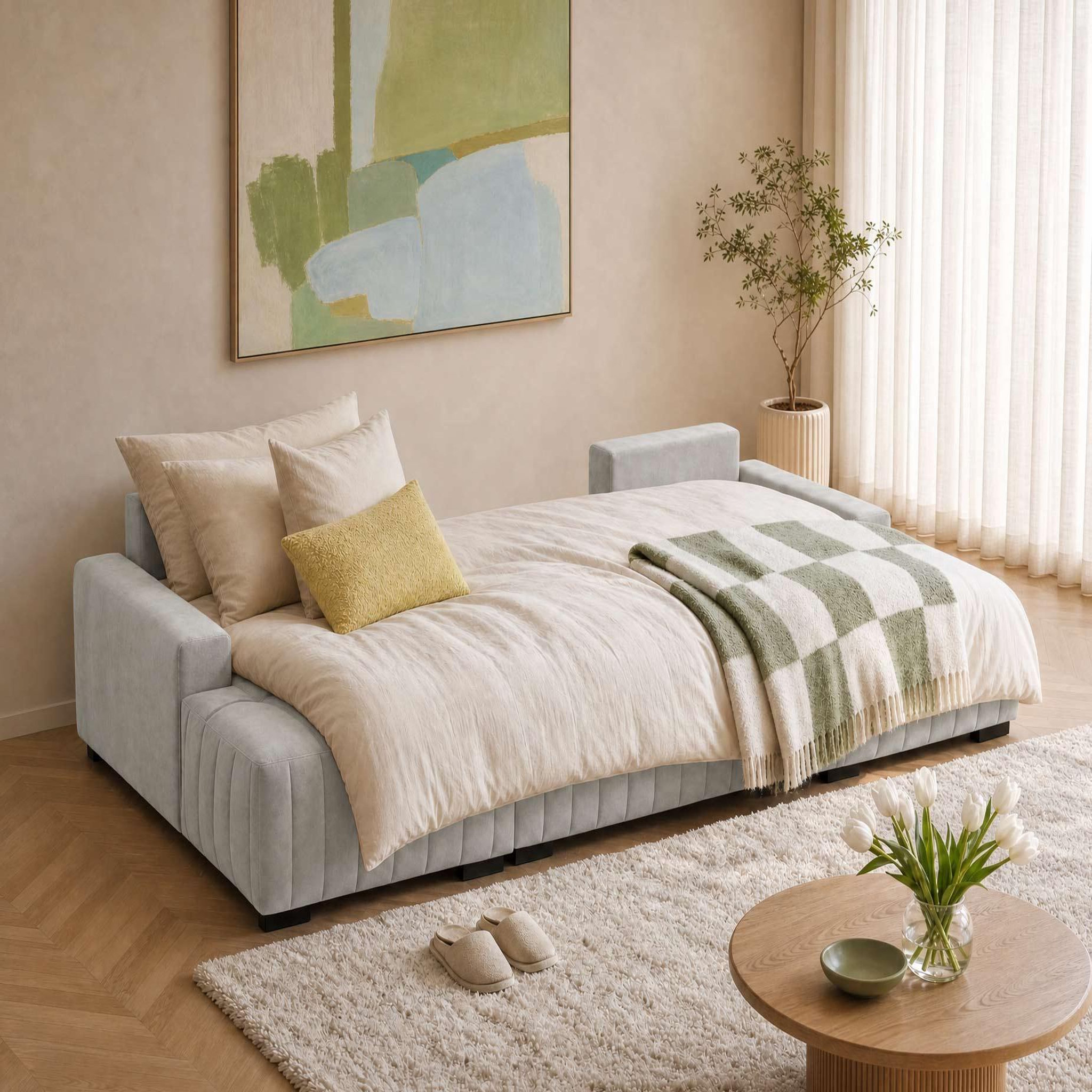 Voir la diapositive 2 : BEST MOBILIER Lazare - canapé panoramique en u 7 places convertible avec coffre en velours
