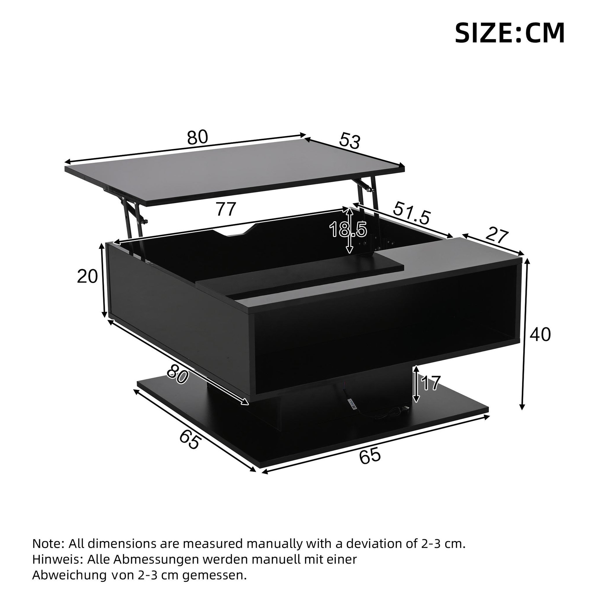 Voir la diapositive 3 : MERAX Table basse relevable rectangulaire noir - 77x80 cm led panneau de particules