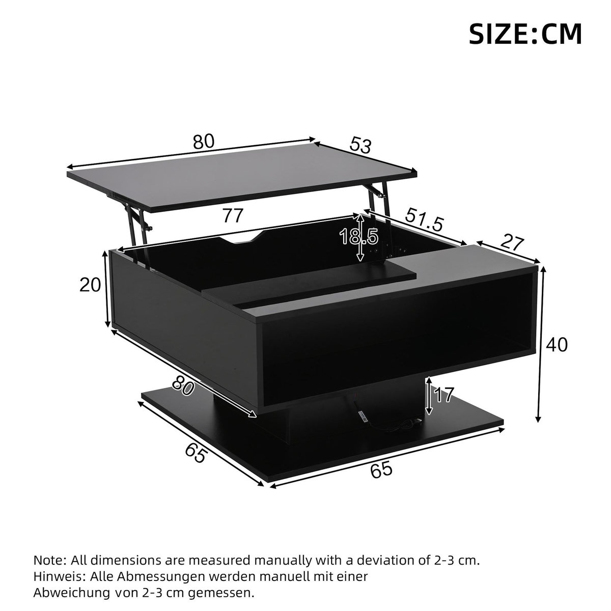 MERAX Table basse relevable rectangulaire noir - 77x80 cm led panneau de particules