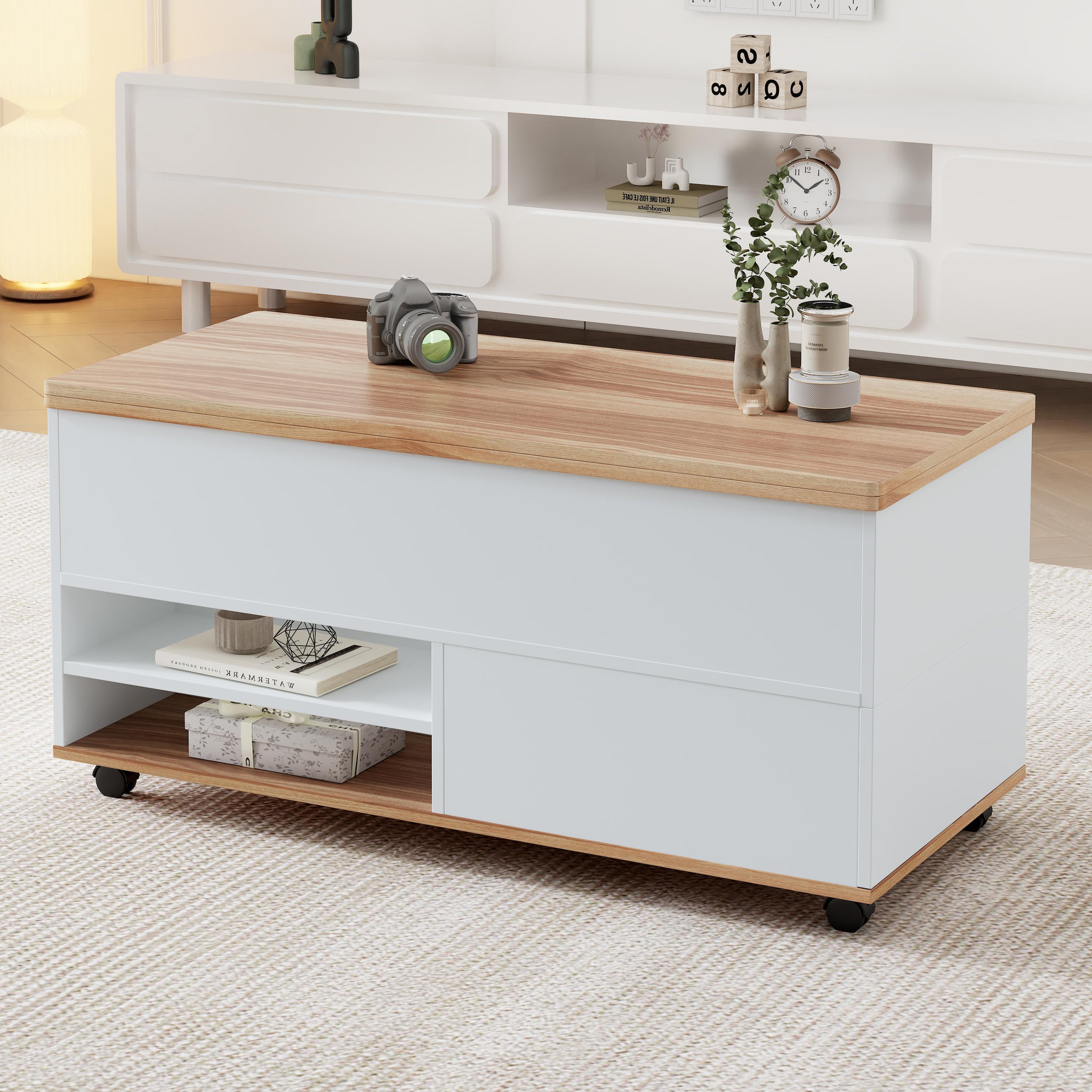 Voir la diapositive 4 : MERAX Table basse relevable rectangulaire blanc+naturel - 98x100 cm panneau de particules