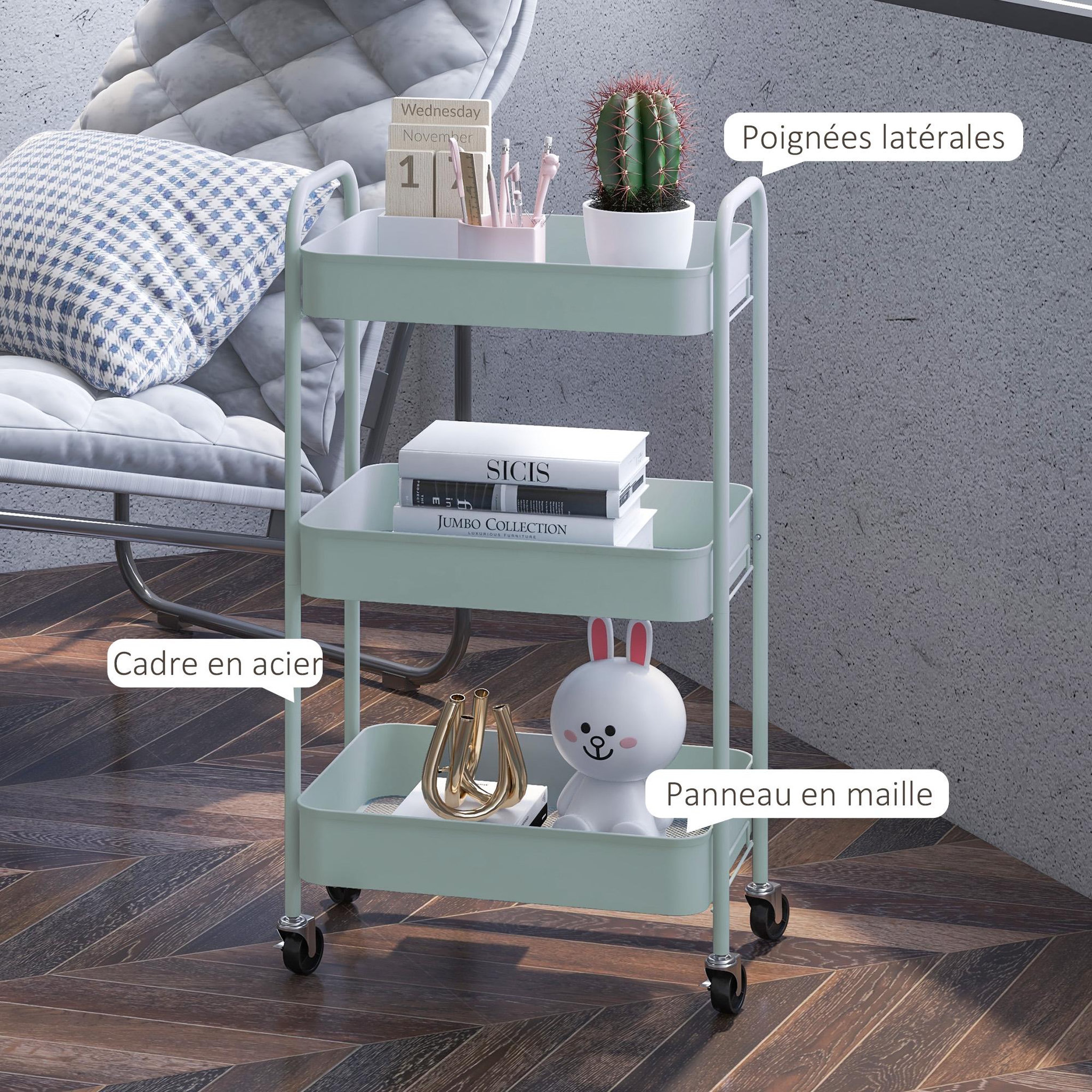 Voir la diapositive 6 : HOMCOM Desserte de cuisine style néo-rétro - 3 étagères - acier