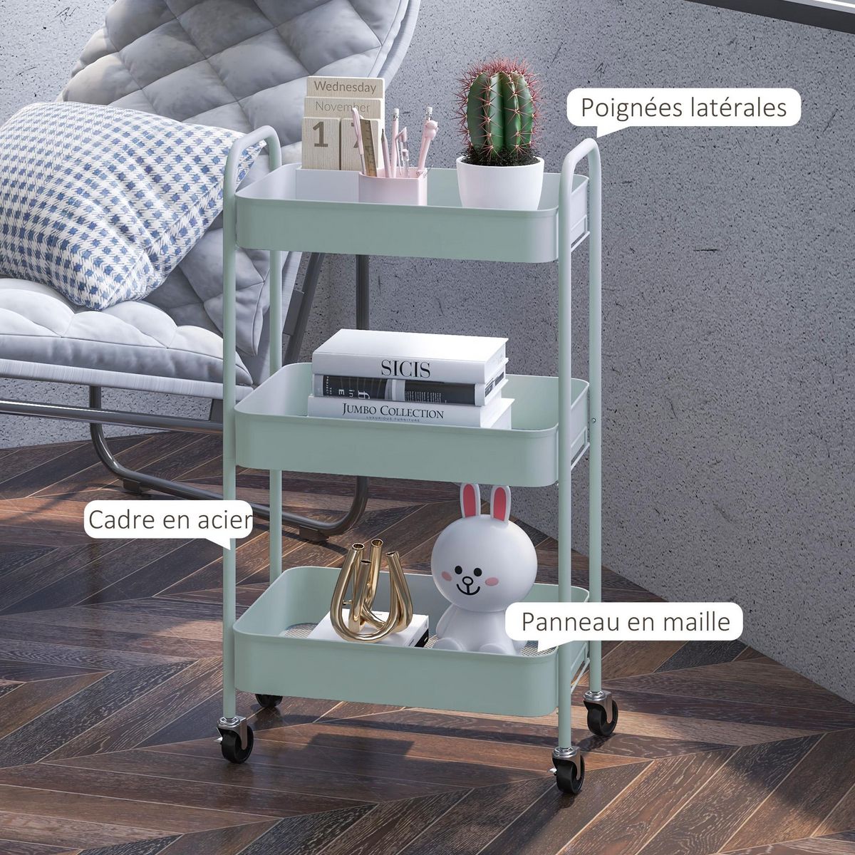 HOMCOM Desserte de cuisine style néo-rétro - 3 étagères - acier