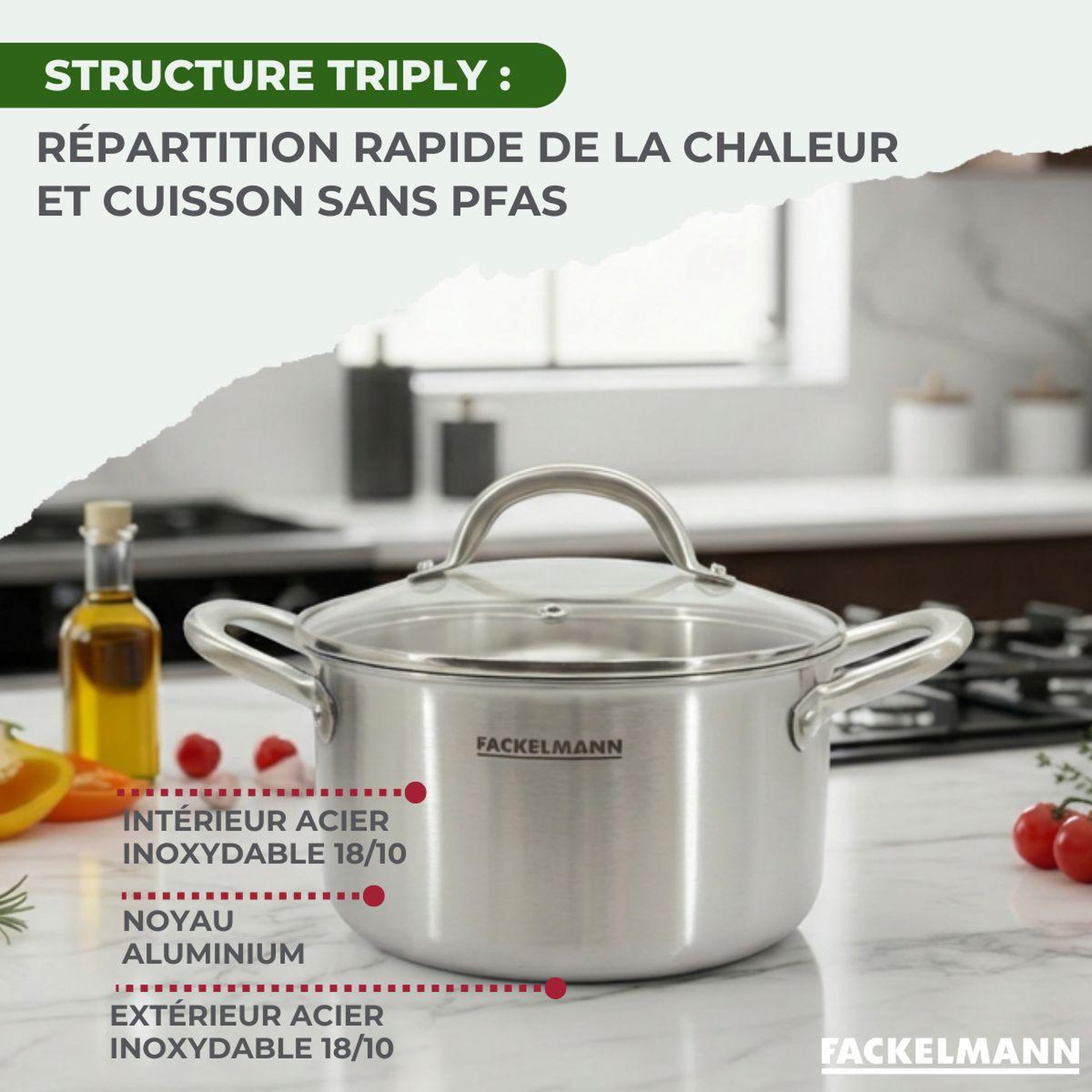 Voir la diapositive 5 : Fackelmann Batterie de cuisine avec 2 faitouts 20/24 cm en inox sans pfas fackelmann vita3