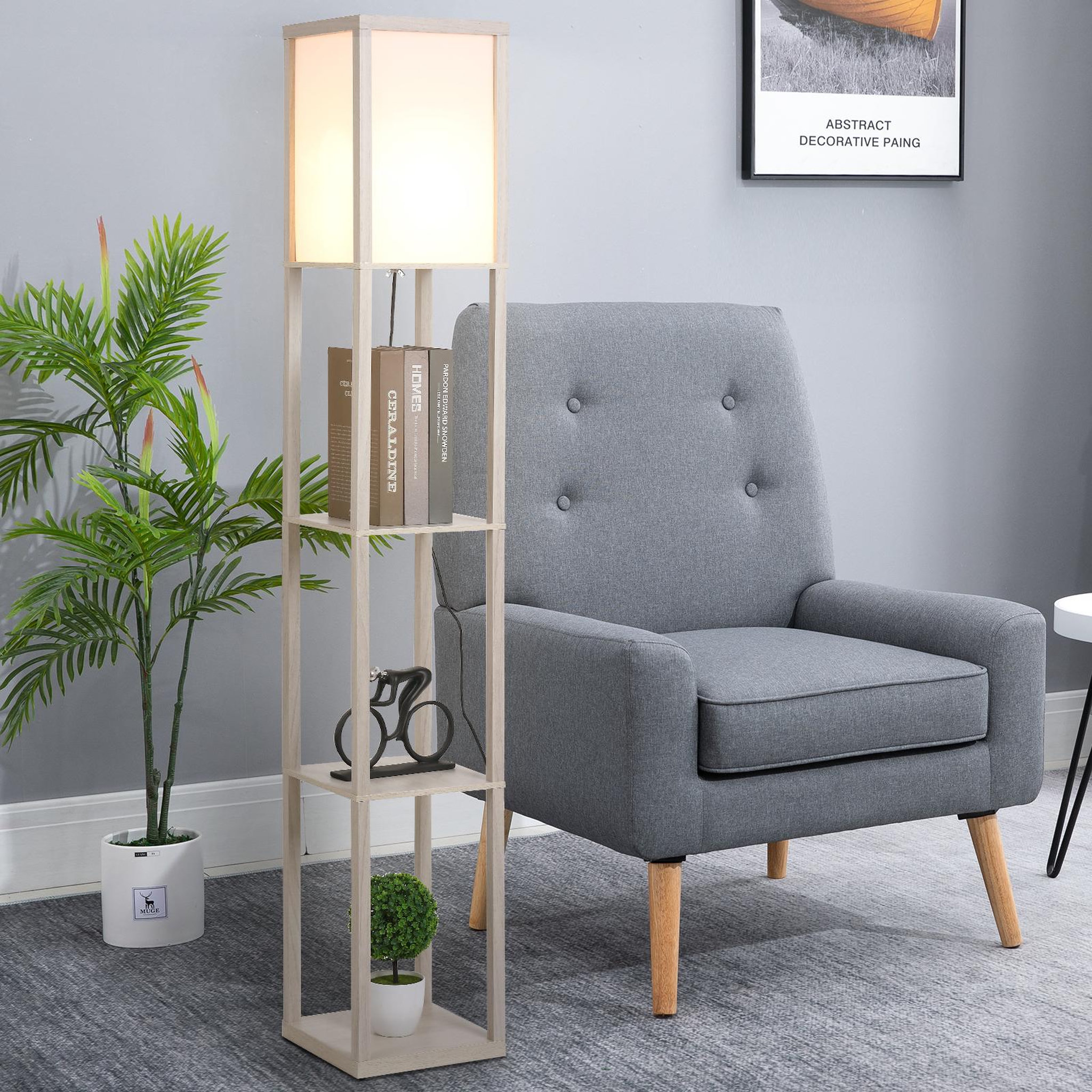 Voir la diapositive 5 : HOMCOM Lampadaire étagère lampe étagère 26L x 26l x 160H cm 3 étagères 4 niveaux MDF gris clair