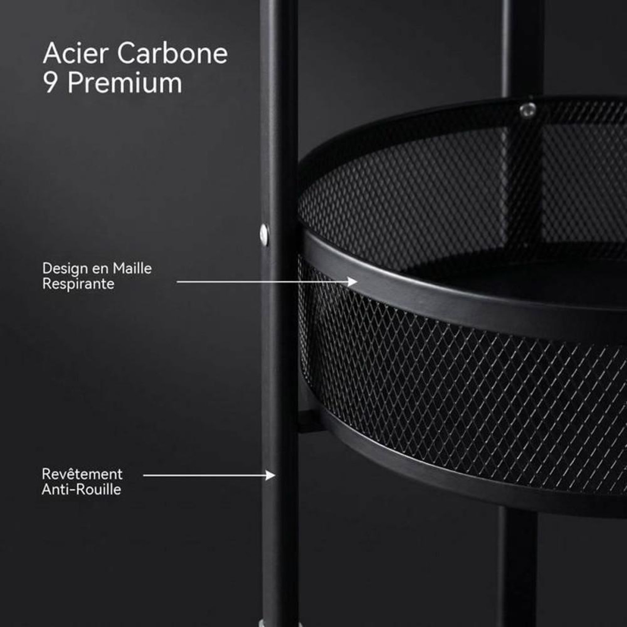 Voir la diapositive 4 : Chariot de rangement rond pliable 3 niveaux en acier noir, paniers grillagés, roulettes 360°