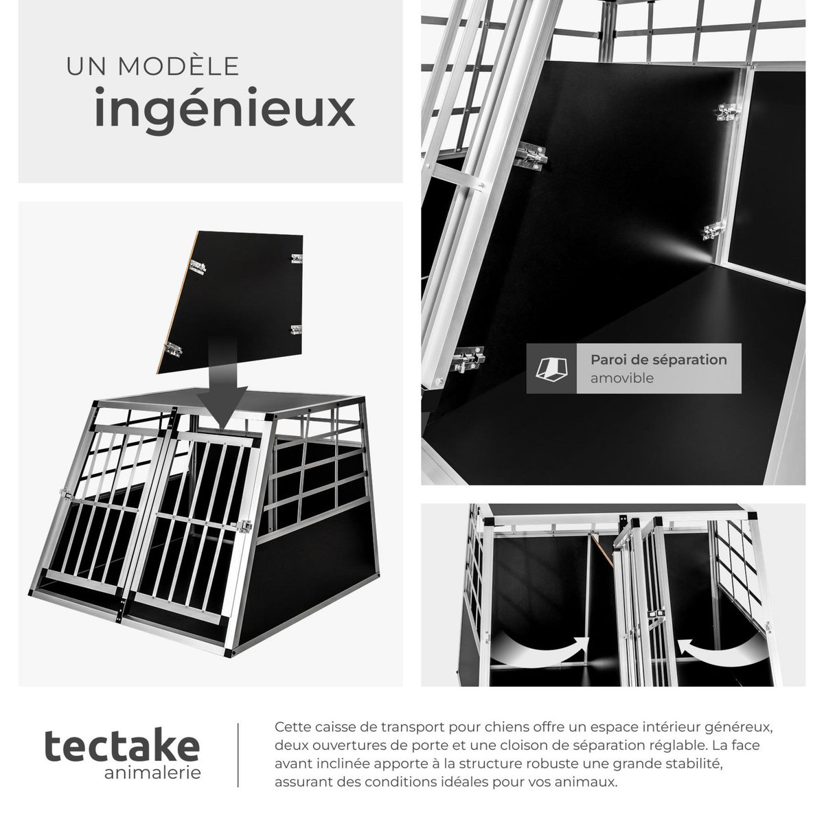 tectake Cage de transport pour chiens double sécurisée avec dos droit noir 97 x 90 x 69,5 cm