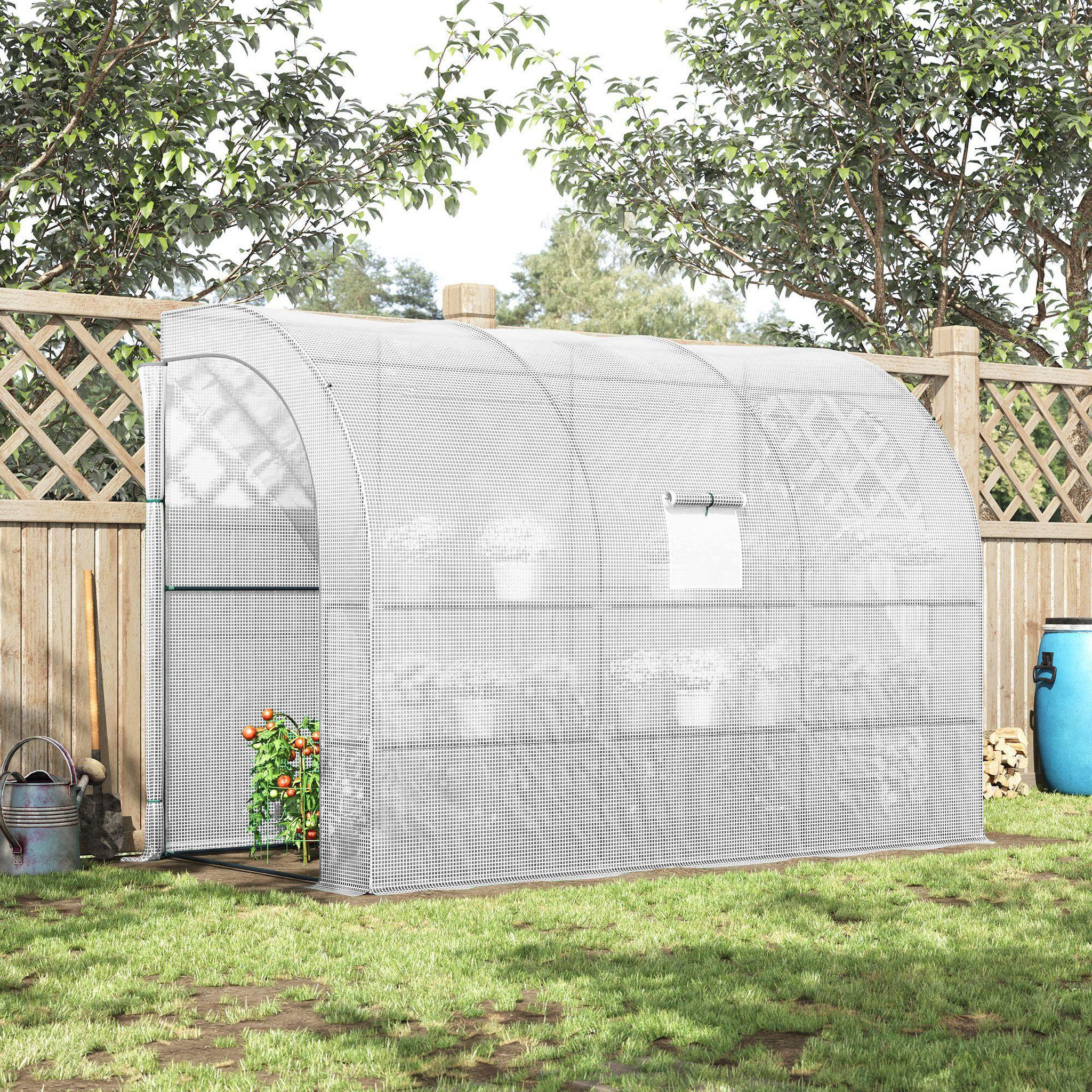 Voir la diapositive 2 : OUTSUNNY Serre de jardin adossée 2 étagères incluses porte fenêtre blanc