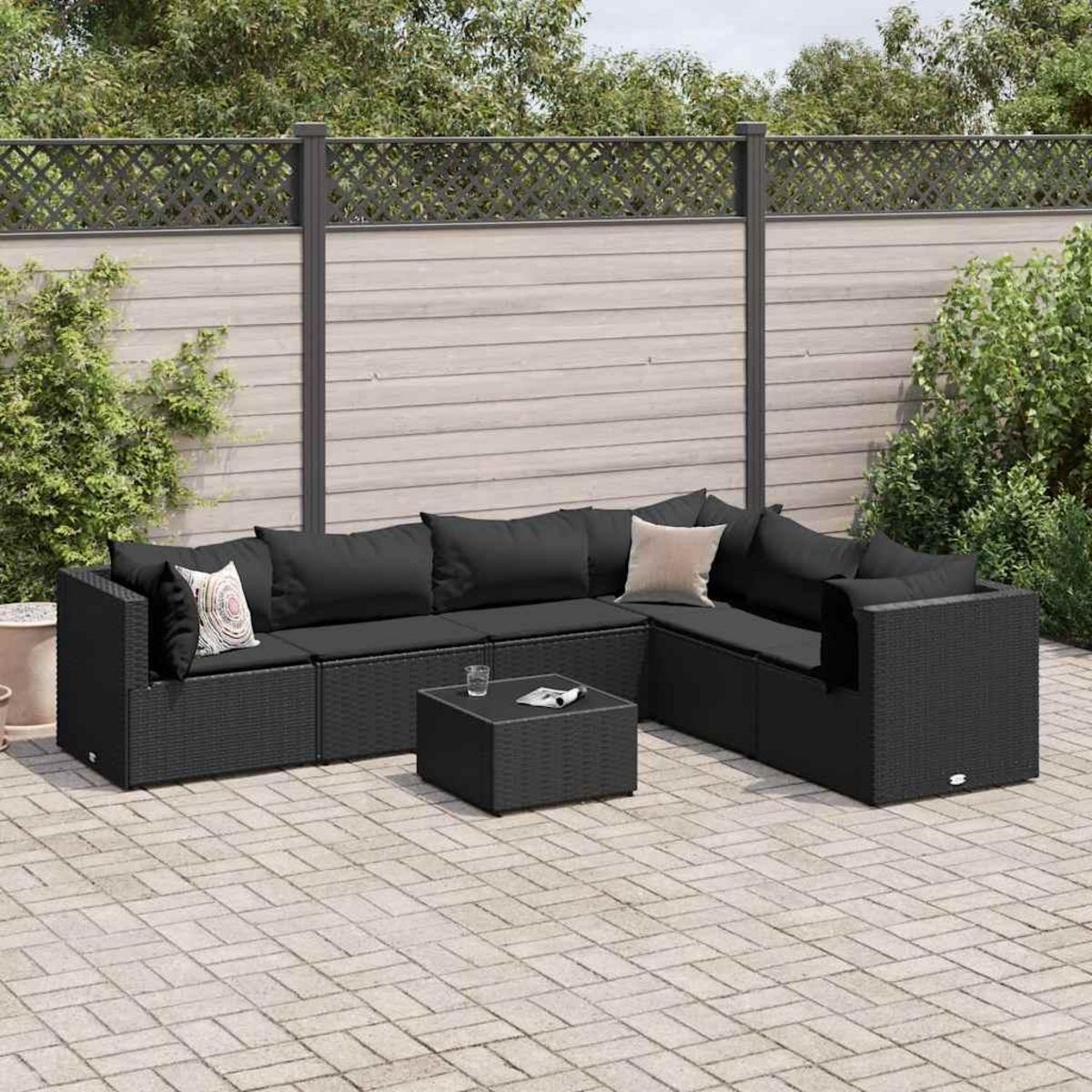 VIDAXL Salon de jardin 7 pcs avec coussins Noir Resine tressee
