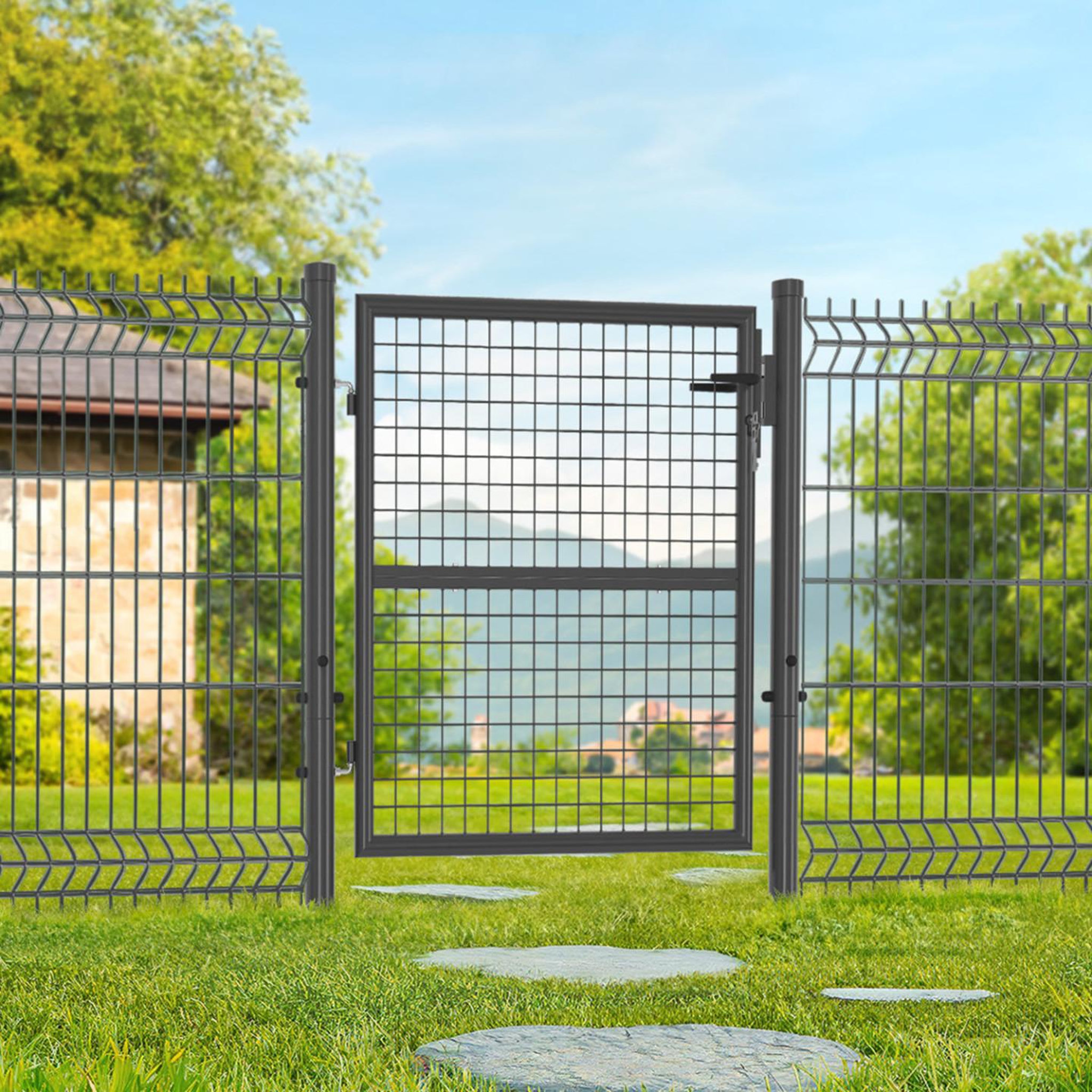 Voir la diapositive 2 : ID MARKET Portillon de jardin 105 x 100 cm en acier avec serrure et poignée gris anthracite