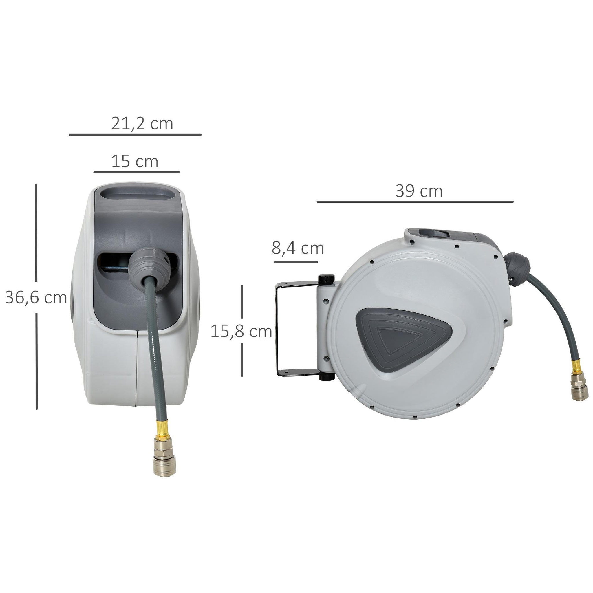 Voir la diapositive 3 : HOMCOM Enrouleur de tuyau à air comprimé - tuyau : 15 m + 1,4 m - Ø intérieur 3/8  (9,5 mm), 1/4  (6,35 mm) BSPT - dévidoir automatique pour tuyau d'air rétractable gris