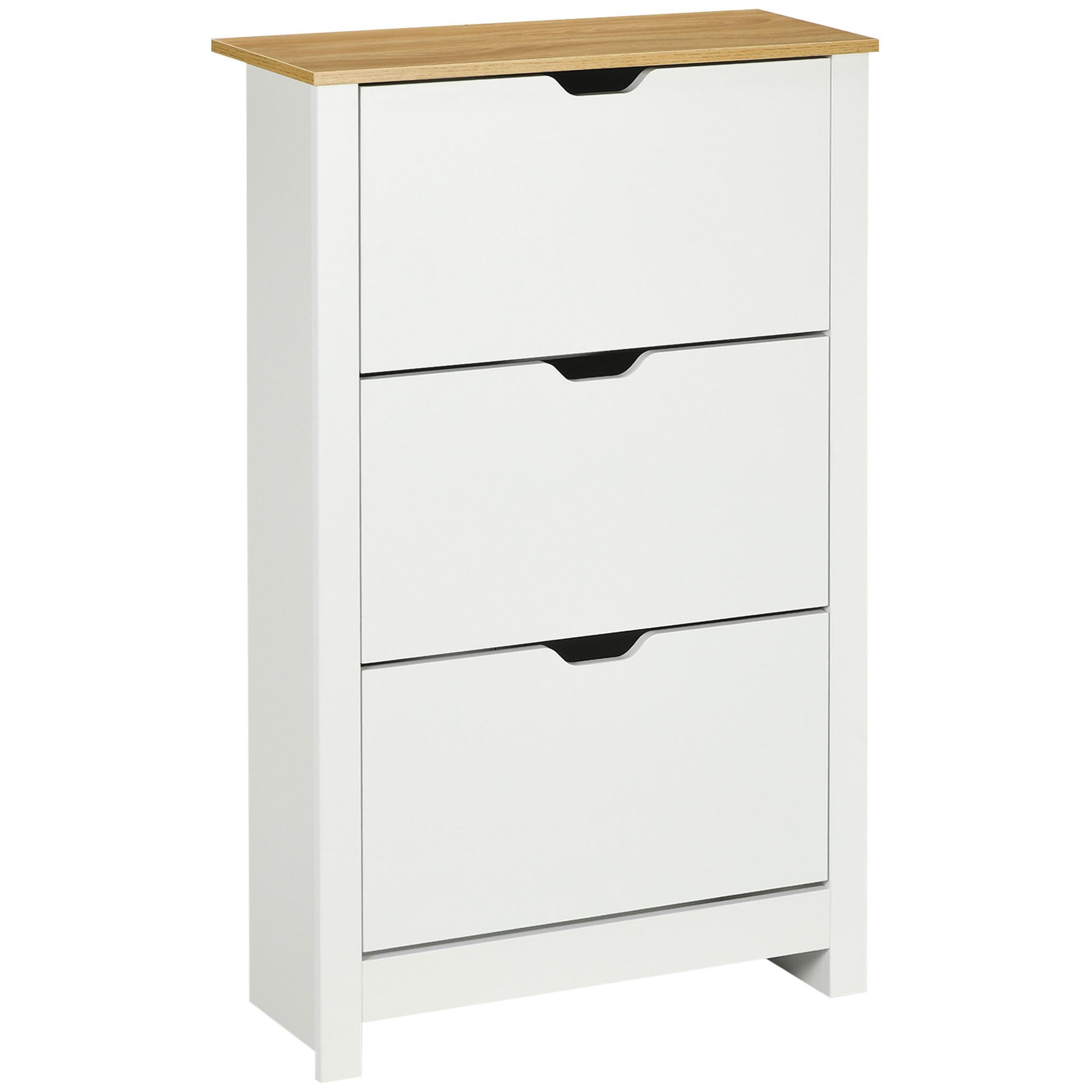 Voir la diapositive 1 : HOMCOM Armoire à chaussures 3 portes abattantes 2 compartiments panneaux particules blanc chêne
