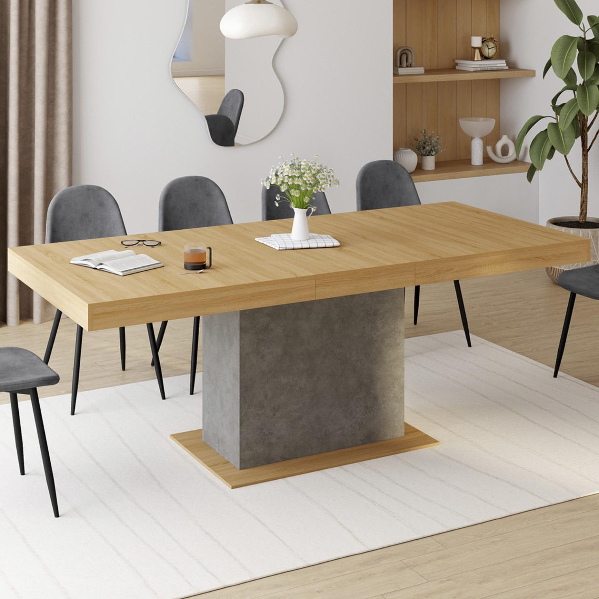 Voir la diapositive 2 : ID MARKET Table à manger extensible rectangle eden 6-10 personnes bois et effet béton 160-200 cm