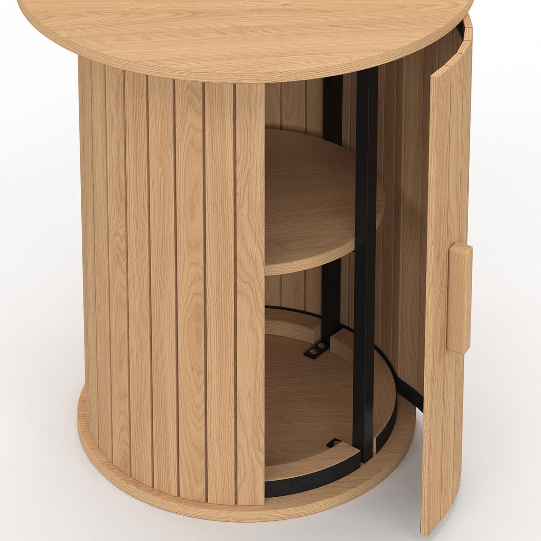 Voir la diapositive 5 : ID MARKET Table d'appoint ronde, bout de canapé, table de chevet JULIETTE 45 cm avec rangement intérieur lattes tasseau bois coloris chêne