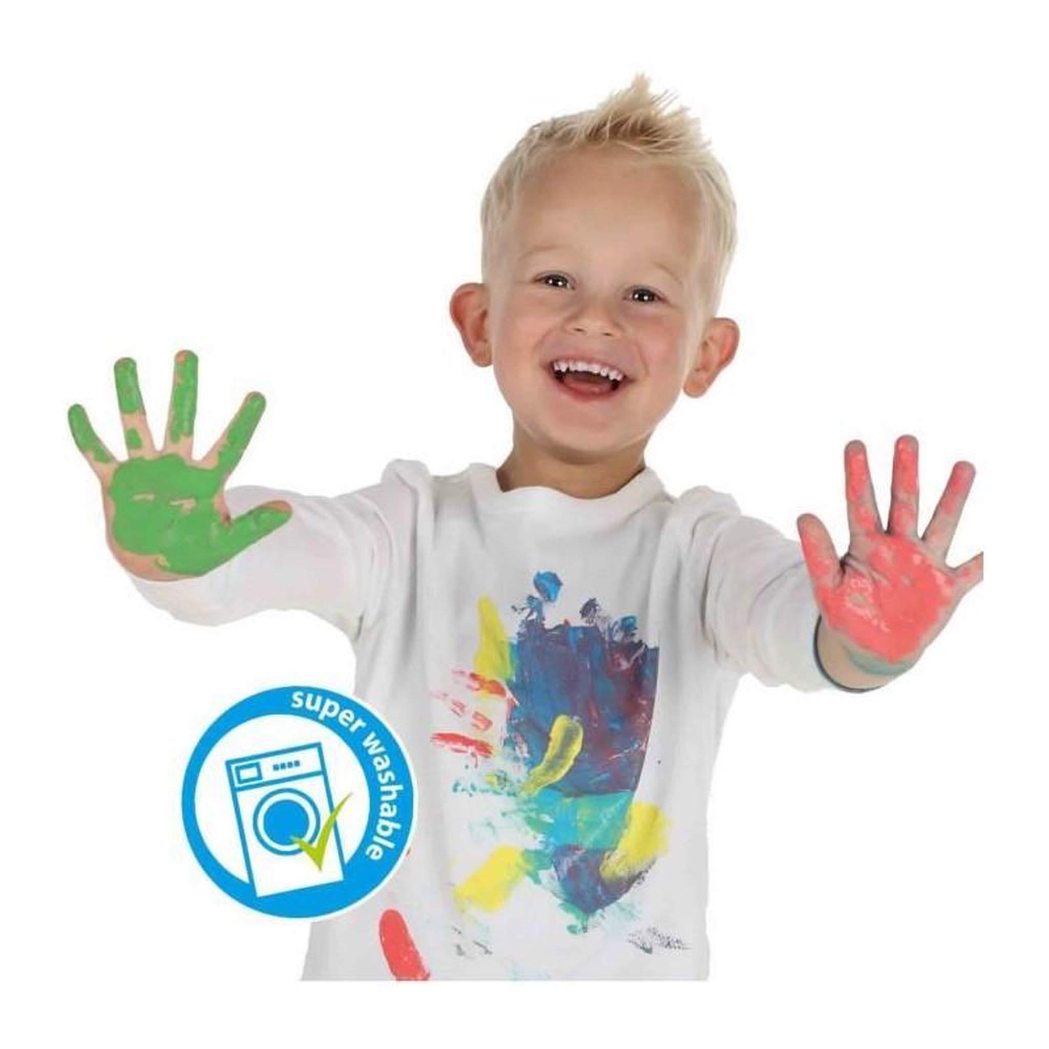 Voir la diapositive 4 : SES Creative Peinture au doigt 6 couleurs x 45ml - SES CREATIVE - Intensité des couleurs et facilité de lavage.