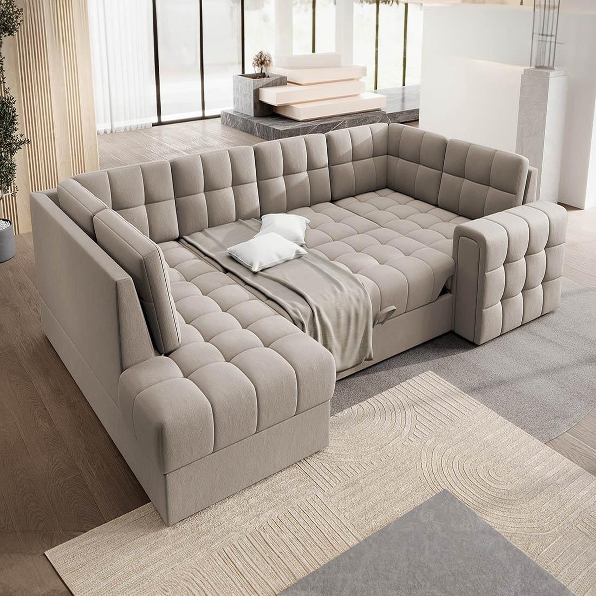 Voir la diapositive 2 : BEST MOBILIER Nappa - canapé panoramique d'angle droit 7 places convertible avec coffre en velours