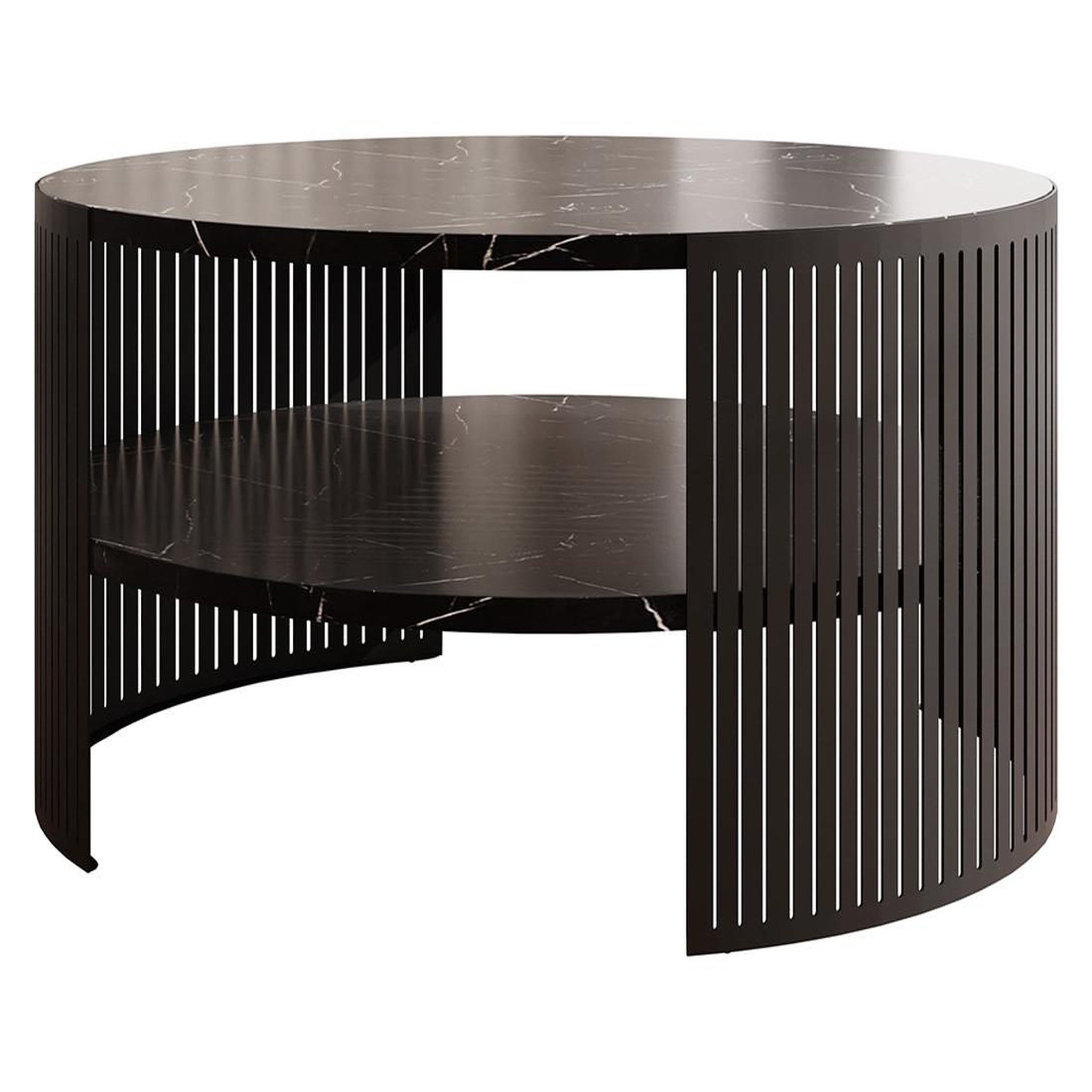 Voir la diapositive 1 : BEST MOBILIER Cruz - table basse ronde - effet marbre noir - 1 niche - 75 cm