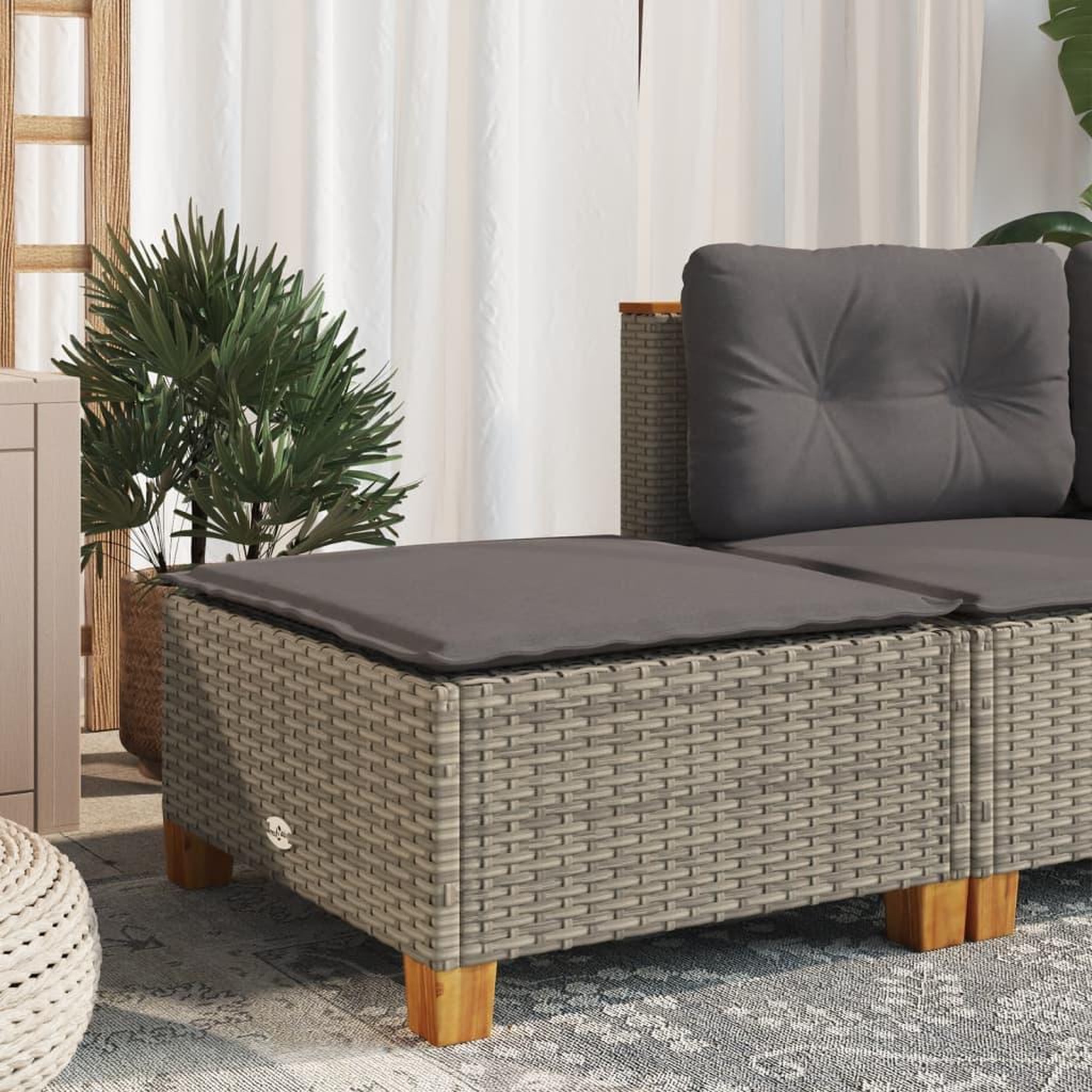 Voir la diapositive 3 : VIDAXL Tabouret de jardin et coussin gris 63,5x56x32 cm resine tressee