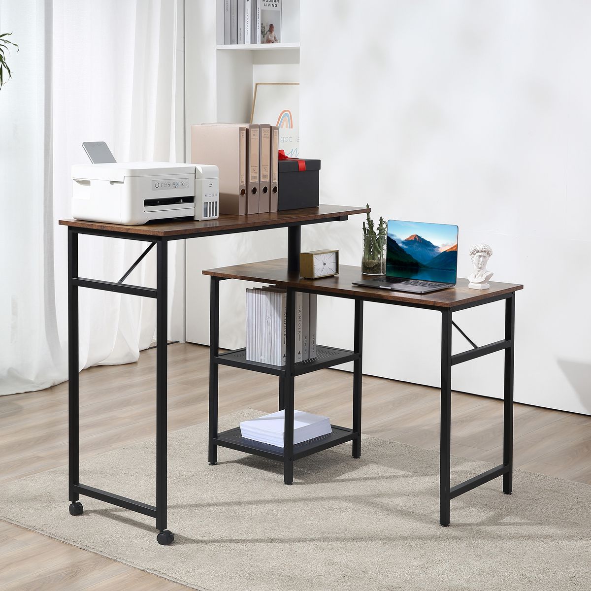 HOMCOM Bureau informatique design industriel modulable bureau d'angle 2 étagères aspect vieux bois métal noir