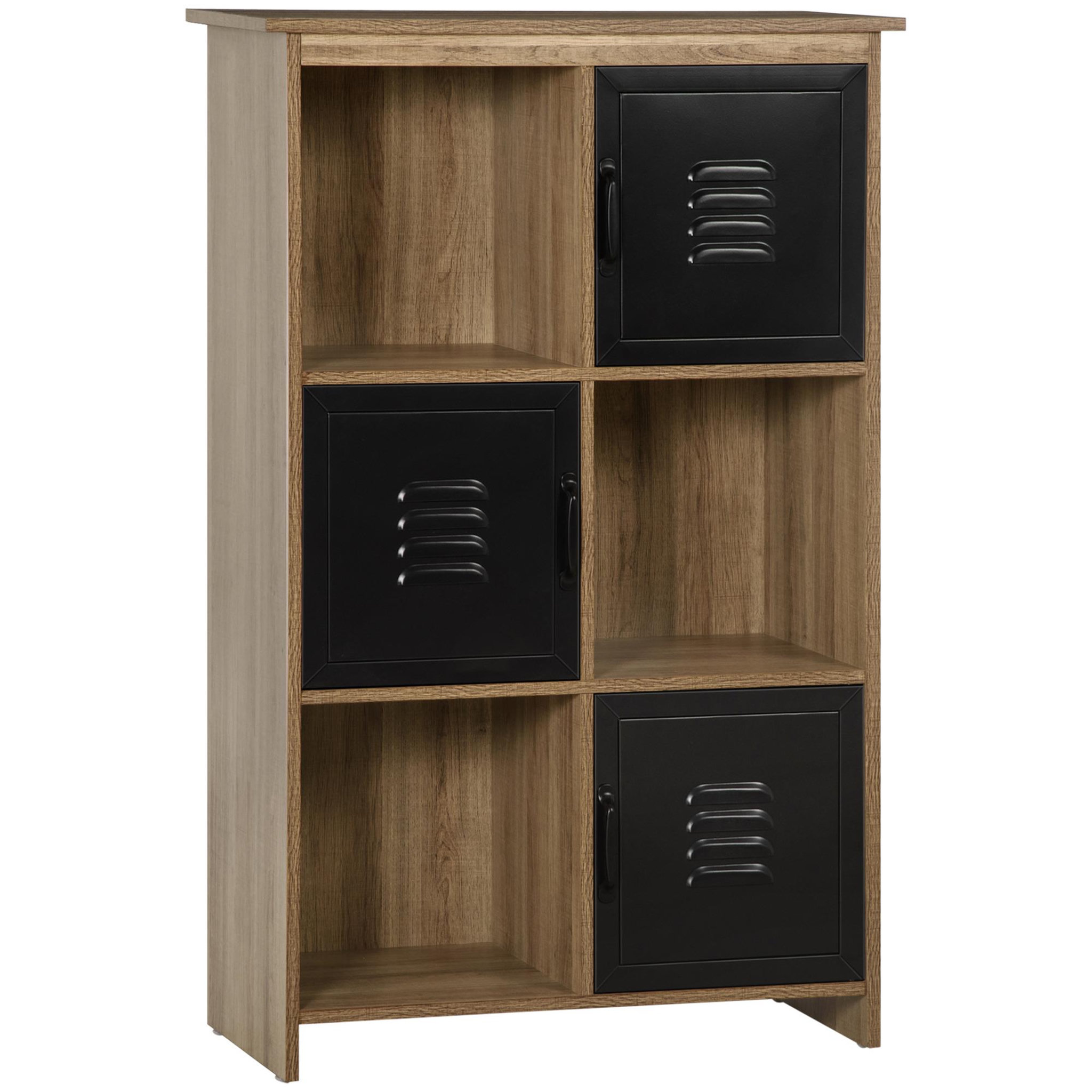 Voir la diapositive 1 : HOMCOM Bibliothèque design industriel - meuble de rangement 3 niches 3 casiers - panneaux particules aspect bois veinage portes métal noir