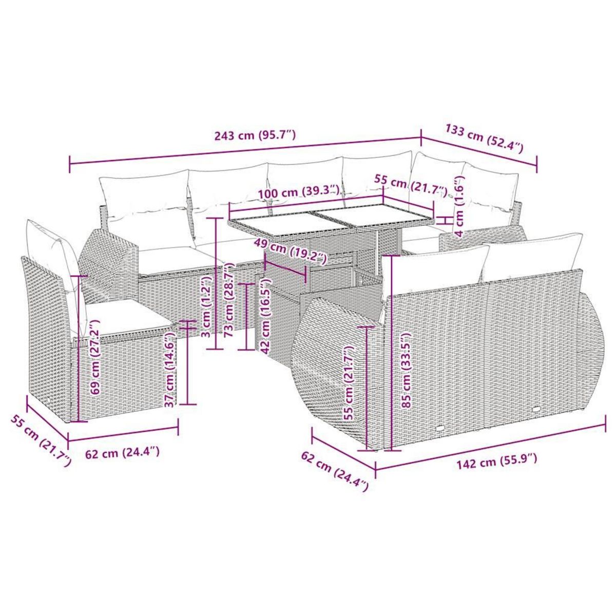 VIDAXL Salon de jardin 9 pcs avec coussins noir resine tressee