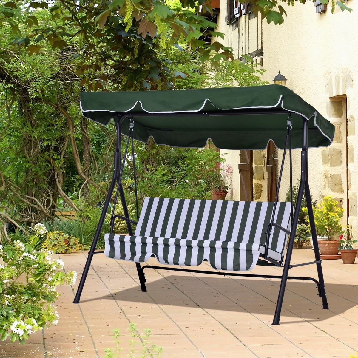 OUTSUNNY Balancelle de jardin 3 places toit réglable coussins assise dossier acier polyester vert blanc rayé