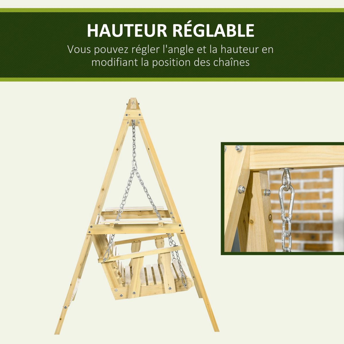 OUTSUNNY Balancelle de jardin 2 places en bois hauteur réglable - 196 x 120 x 171 cm